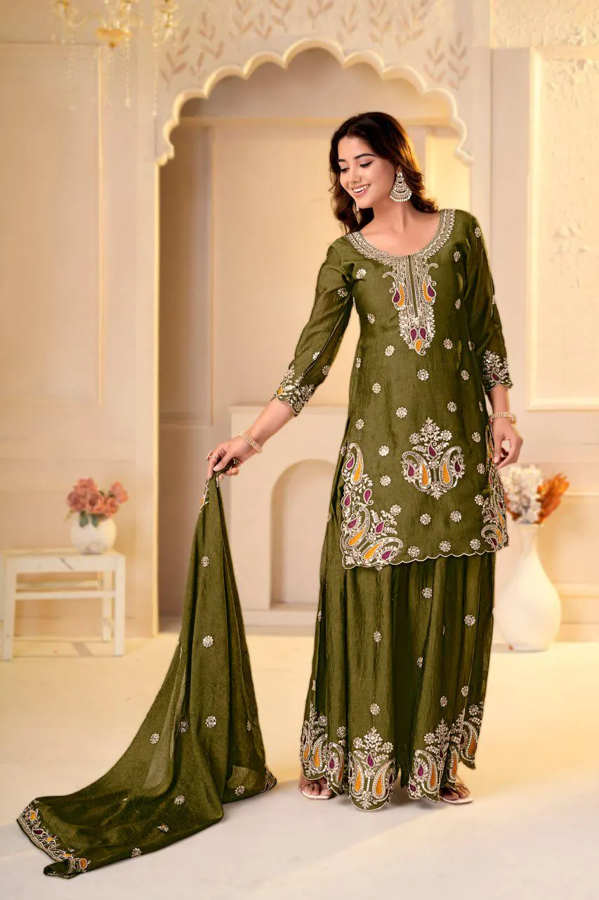 Mehendi Green Palazzo Dupatta Set for Women, 3 Piece Indian Ethnic Outfit, Elegant South Asian Festive Wear, Traditional Desi Party Ensemble - image 4