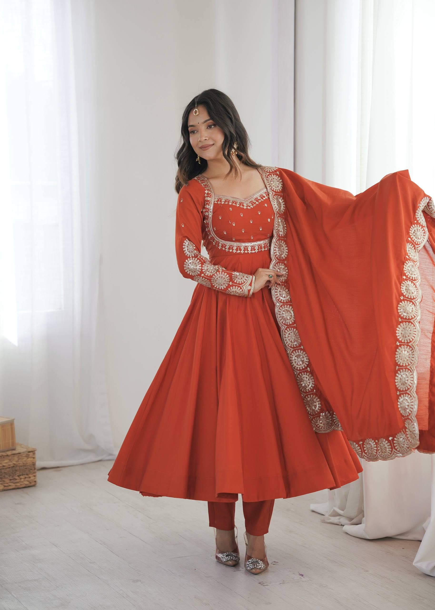 Rust Orange Anarkali Suit for Women, Embroidered 3 Piece Kurta Pant Dupatta Set, Pakistani Wedding Dress, Indian Festive Party Wear - image 3
