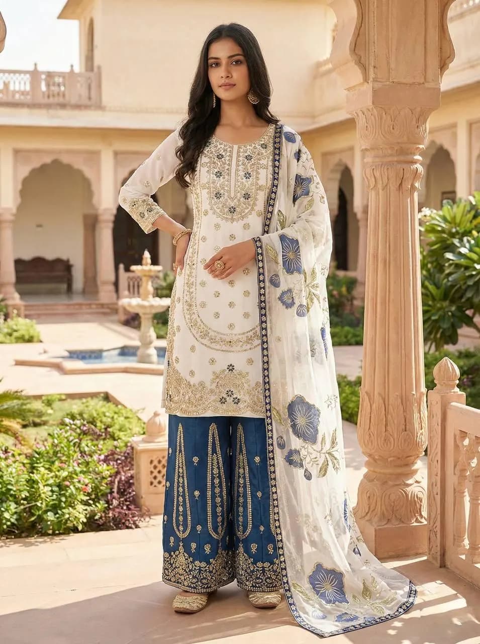 Off White and Blue Embroidered Pakistani Suit, Georgette Salwar Kameez, Indian Festive Wear, Palazzo Suit with Dupatta, Ethnic Wedding Dress - image 3