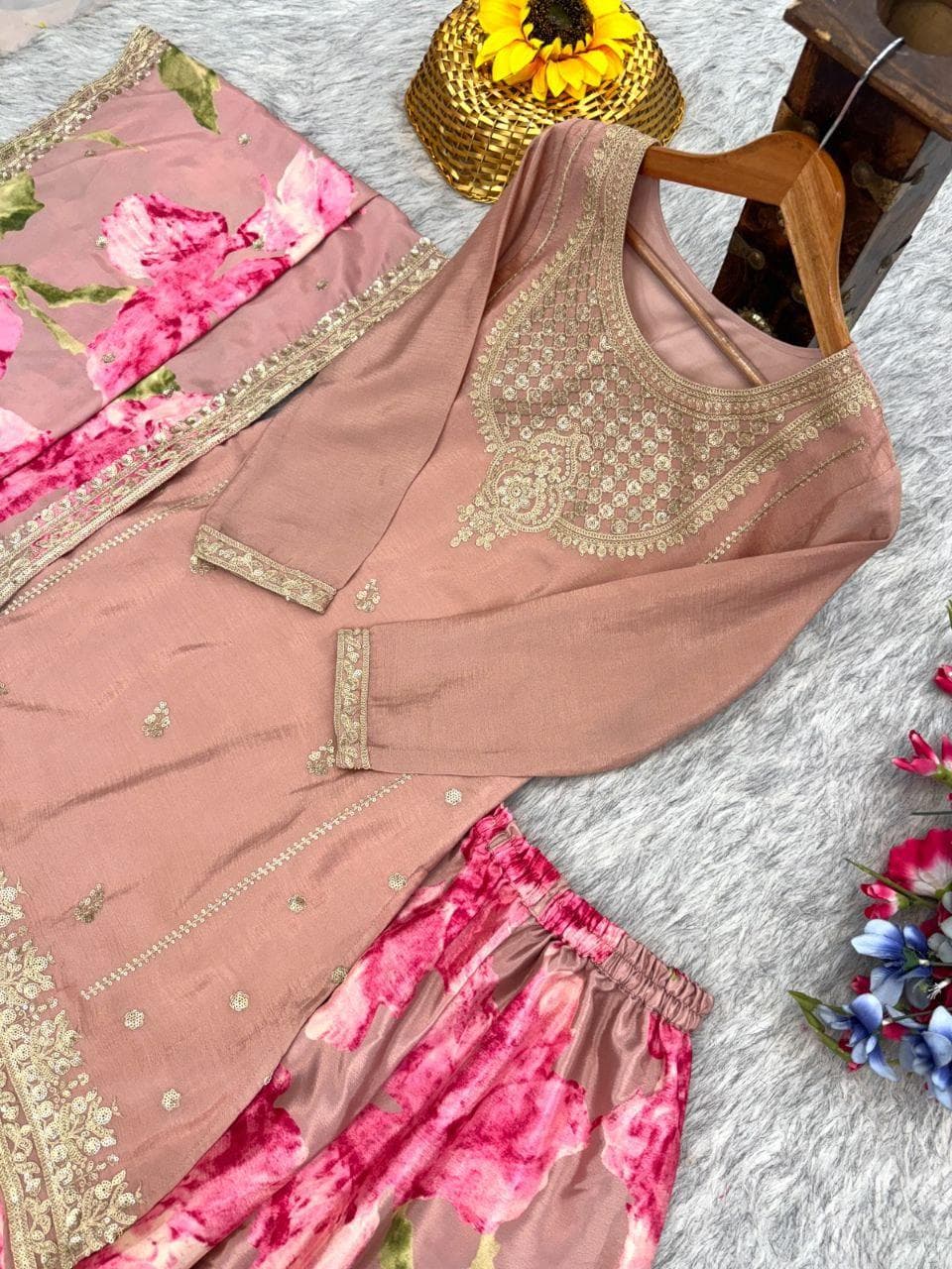 Pink Floral Sharara, Embroidered Sharara Suit Set with Dupatta, Pastel Pakistani Wedding Guest Outfit, Festive Ethnic Dress for Women - image 4