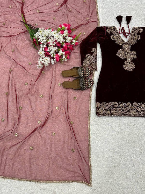 Maroon Velvet Pant Top Dupatta Set, Elegant 3 Piece Indian Ethnic Outfit, Embroidered Pakistani Party Wear, Traditional Wedding Guest Dress - image 5