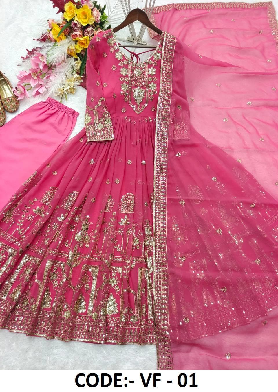 Onion Pink Georgette Anarkali Suit with Dupatta, Embroidered Indian Wedding Dress, Pakistani Party Wear Gown, Flared Salwar Kameez for Women - image 4