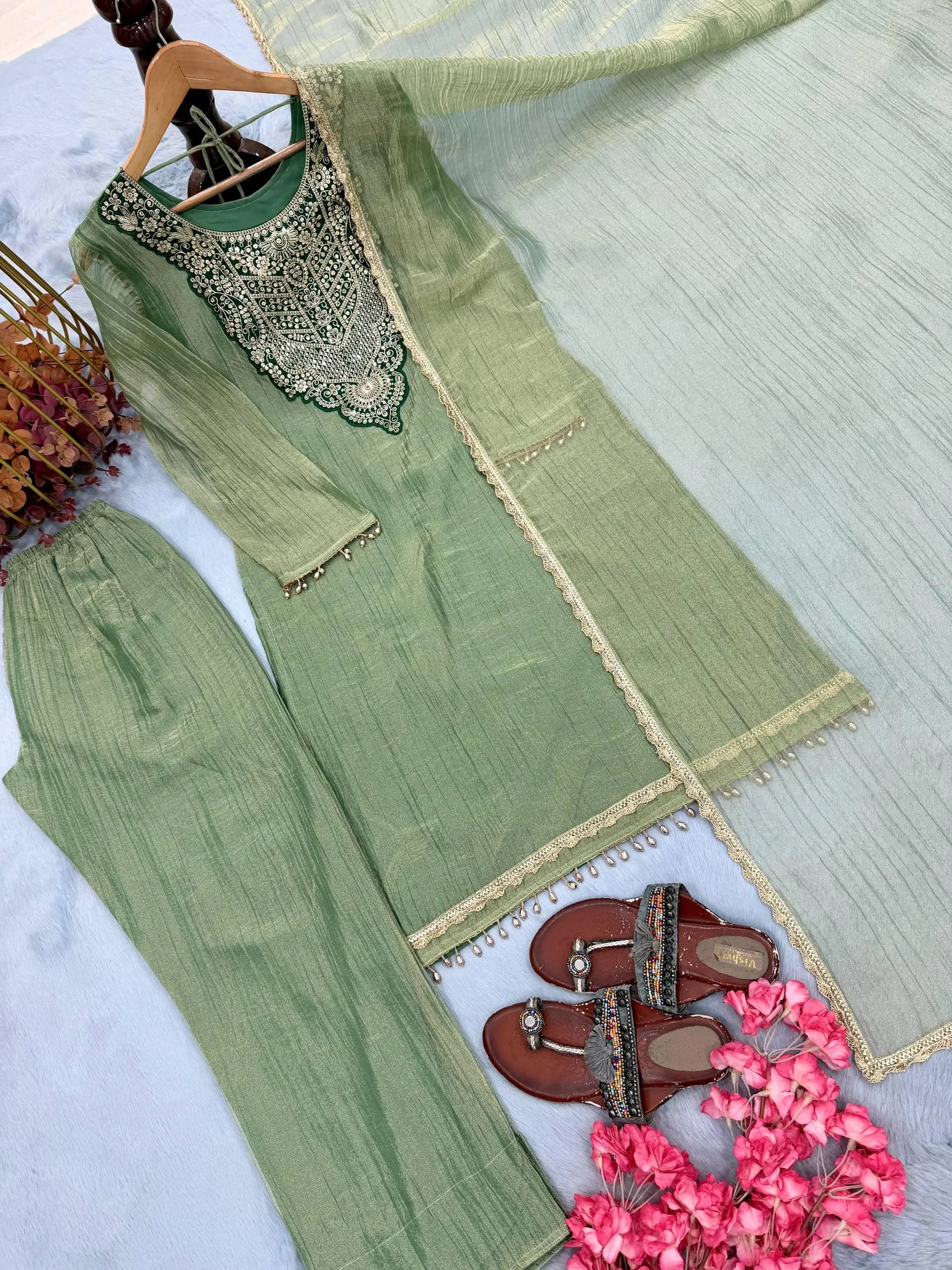 Sage Green Pakistani Suit, Embroidered 3 Piece Salwar Kameez, Mint Green Indian Outfit with Dupatta, Festive Wedding Guest Dress - image 5