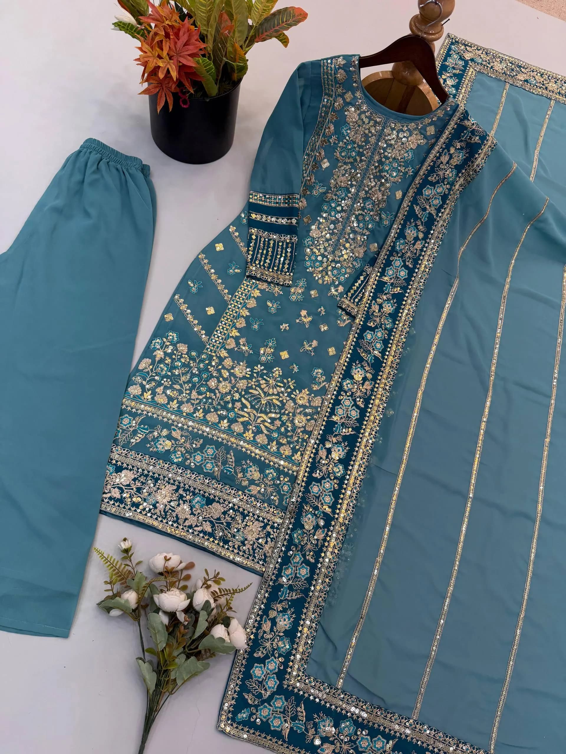 Teal Blue Embroidered Salwar Kameez with Dupatta | Gold Floral Indian Wedding Guest Suit | Traditional Festive Party Wear for Women - image 4