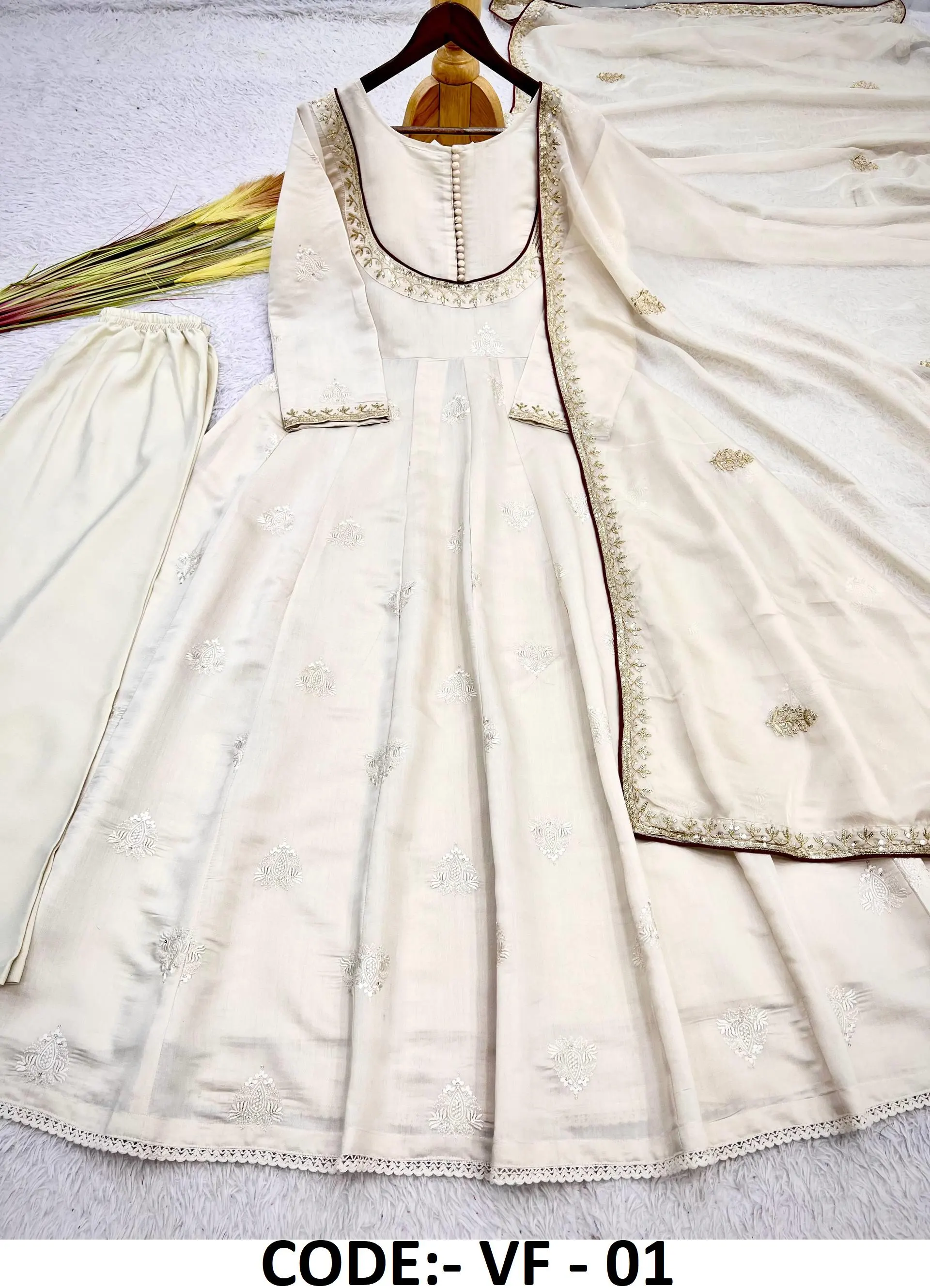 Ivory Anarkali Suit with Dupatta, Pakistani Dress, Embroidered Indian Outfit, Traditional 3 Piece Suit, Wedding Guest Ethnic Wear - image 4