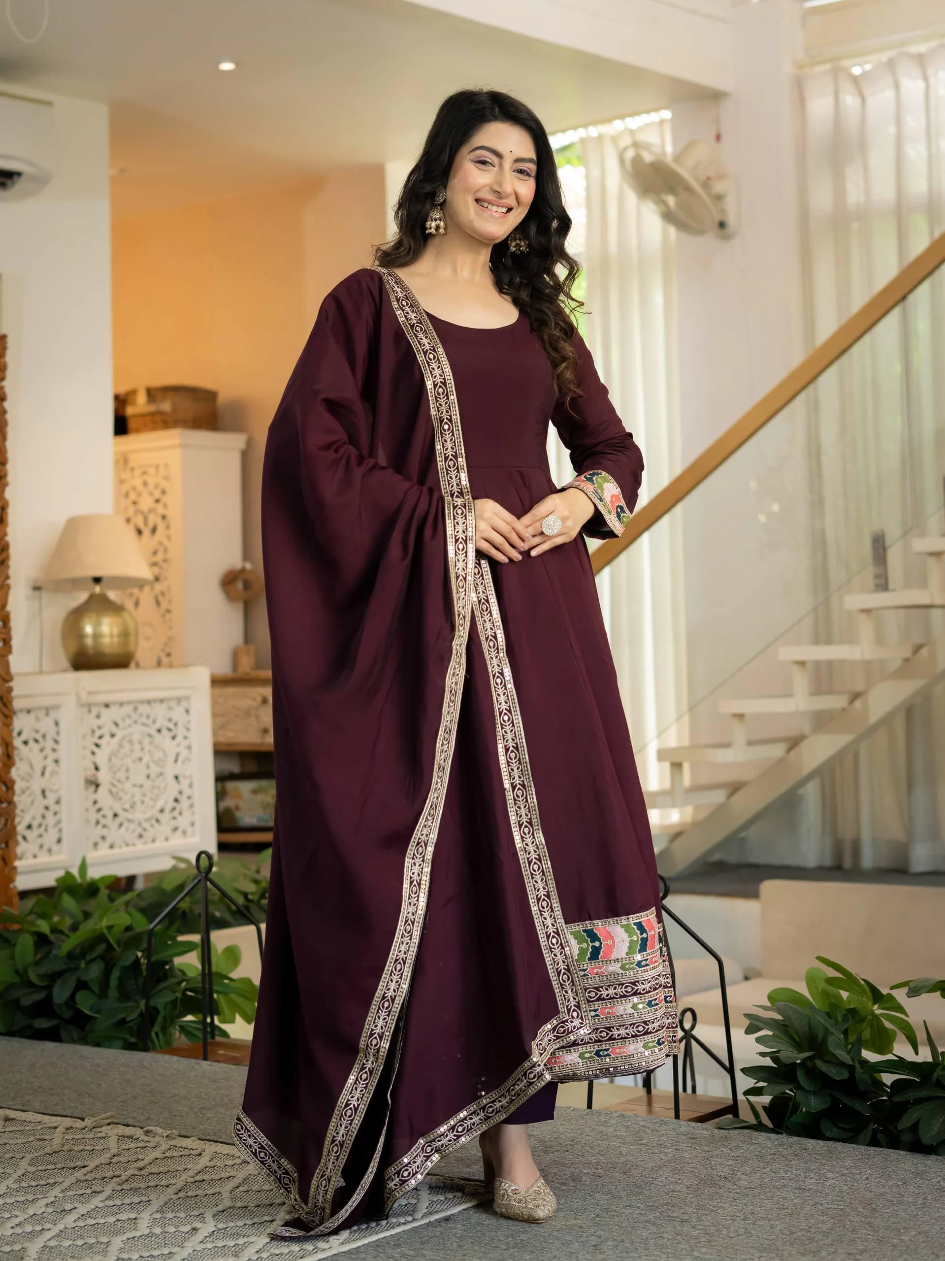 Maroon  Anarkali Dress with Dupatta, Embroidered Indian Dress, Maroon Ethnic Outfit, Long Sleeve Wedding Guest Party Wear - image 5
