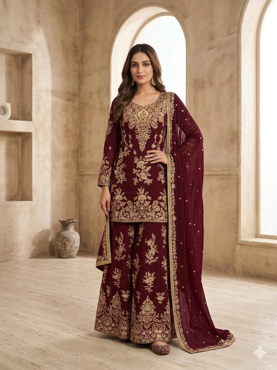 Maroon Sharara Suit for Wedding, Georgette Embroidered Kurta Set, Indian Bridal Wear, Pakistani Party Dress, Zari Work Ethnic Outfit