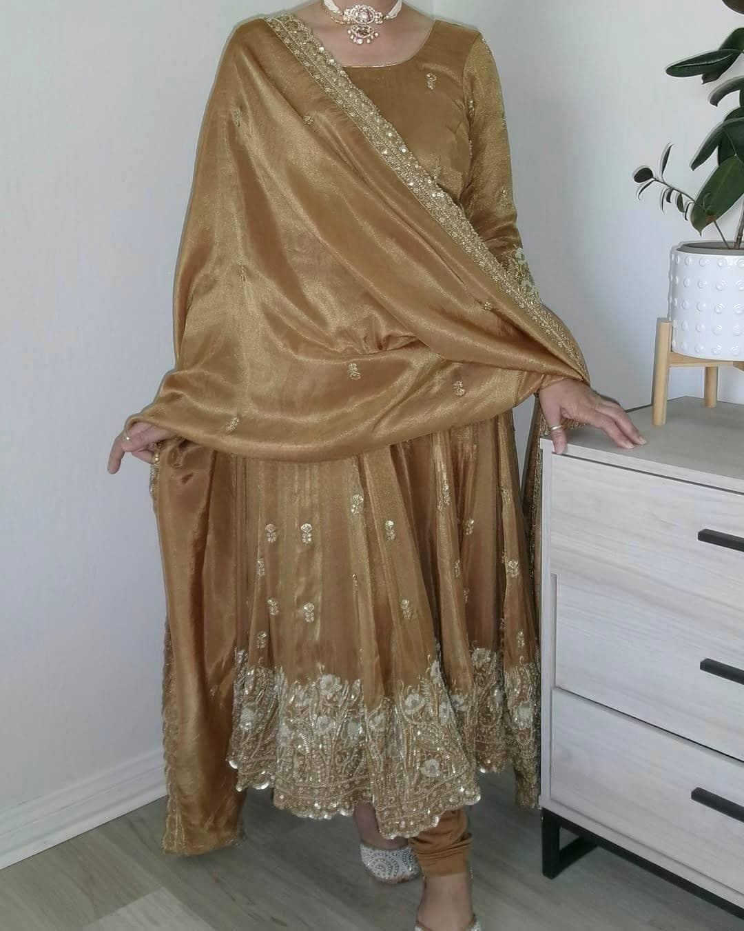 Golden Anarkali Suit, Silk Salwar Kameez, Indian Wedding Dress, Heavy Embroidered Festival Gown, Traditional Kurta Set with Tissue Dupatta - image 3
