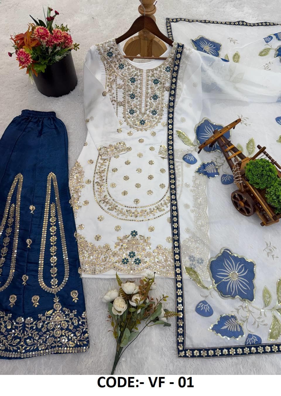 Off White and Blue Embroidered Pakistani Suit, Georgette Salwar Kameez, Indian Festive Wear, Palazzo Suit with Dupatta, Ethnic Wedding Dress - image 4
