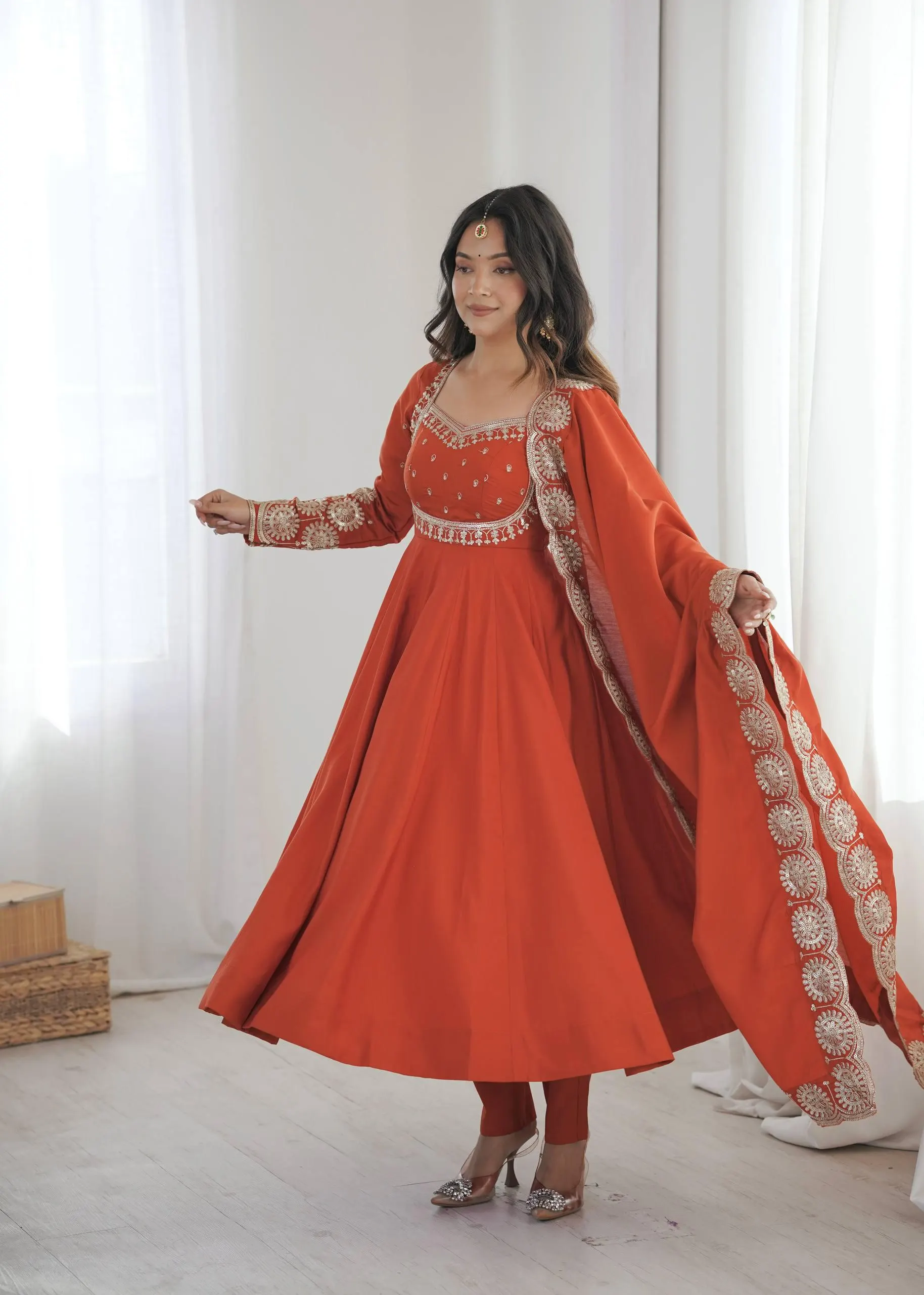 Rust Orange Anarkali Suit for Women, Embroidered 3 Piece Kurta Pant Dupatta Set, Pakistani Wedding Dress, Indian Festive Party Wear - image 5
