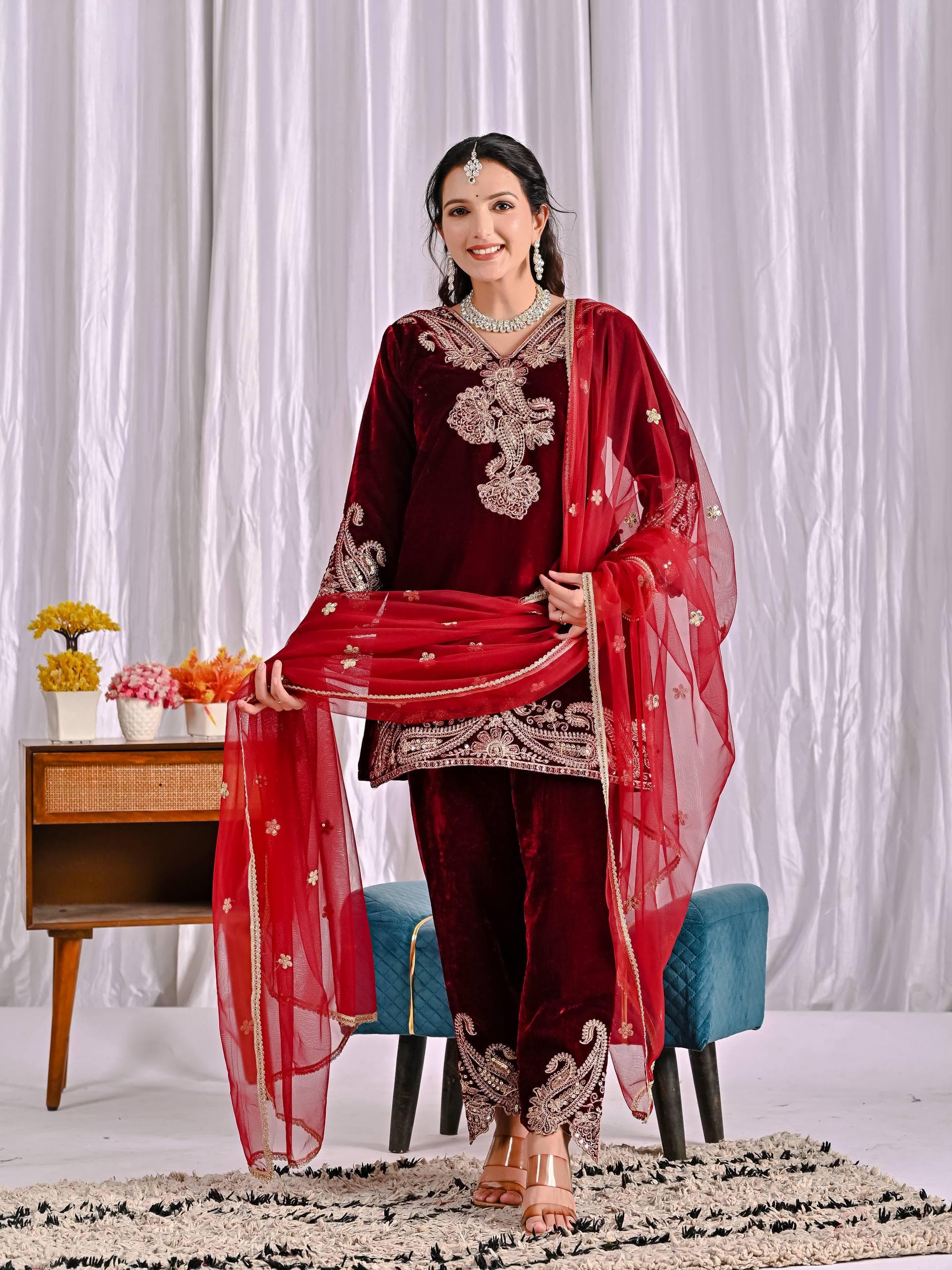 Maroon Velvet Pant Top Dupatta Set, Elegant 3 Piece Indian Ethnic Outfit, Embroidered Pakistani Party Wear, Traditional Wedding Guest Dress - image 4