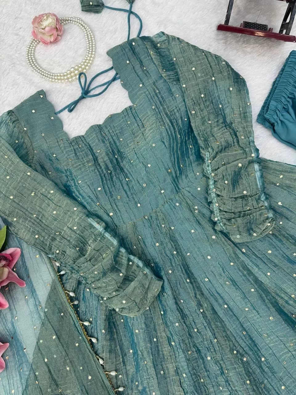 Teal Anarkali Dress with Dupatta, Indian Anarkali Suit, Pakistani Dress, Festive Wear, Wedding Guest Outfit - image 4