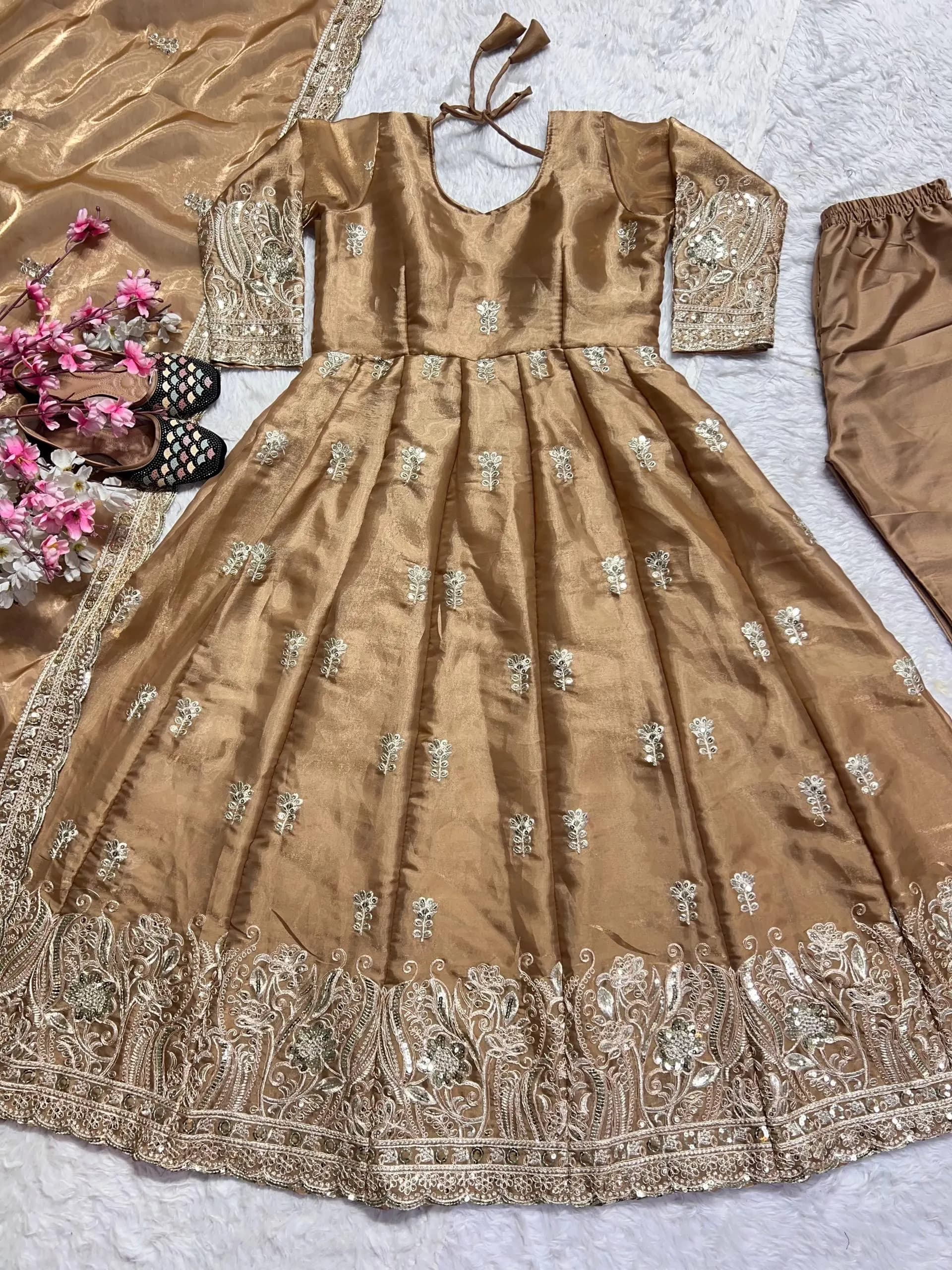 Golden Anarkali Suit, Silk Salwar Kameez, Indian Wedding Dress, Heavy Embroidered Festival Gown, Traditional Kurta Set with Tissue Dupatta - image 4