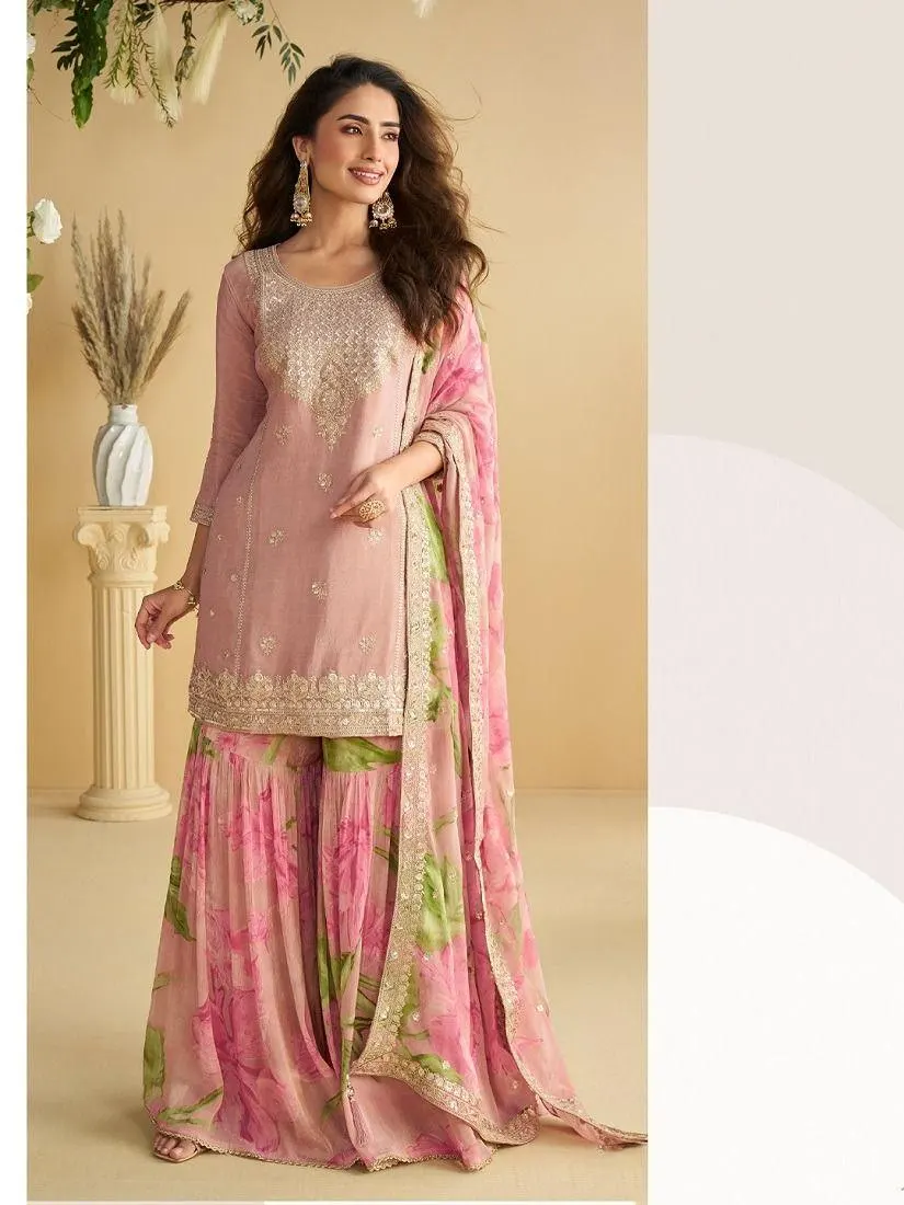 Pink Floral Sharara, Embroidered Sharara Suit Set with Dupatta, Pastel Pakistani Wedding Guest Outfit, Festive Ethnic Dress for Women - image 5