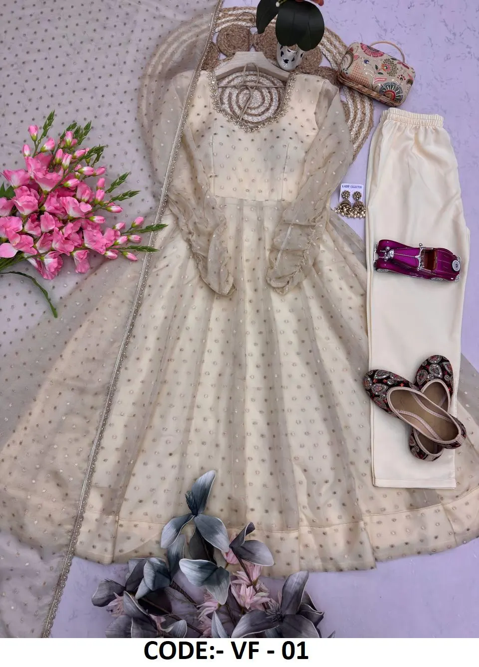 Ivory Anarkali Suit Set with Dupatta, Indian Wedding Wear, Silk Chikankari Embroidered Gown, Ethnic Pakistani Dress, Festive Salwar Kameez - image 4