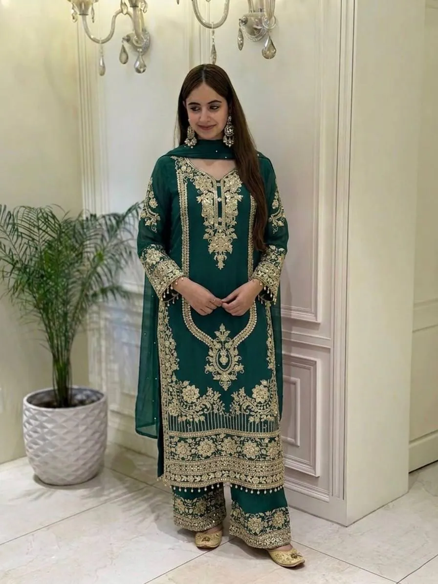 Emerald Green Salwar Kameez with Gold Embroidery, Pakistani Suit for Women, Indian Wedding Guest Dress, Festive Punjabi Suit Set - image 3