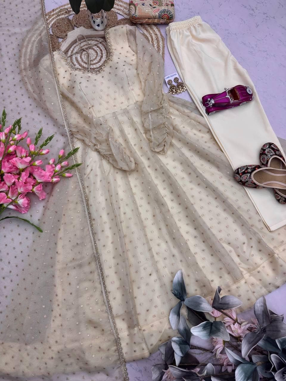 Ivory Anarkali Suit Set with Dupatta, Indian Wedding Wear, Silk Chikankari Embroidered Gown, Ethnic Pakistani Dress, Festive Salwar Kameez - image 5