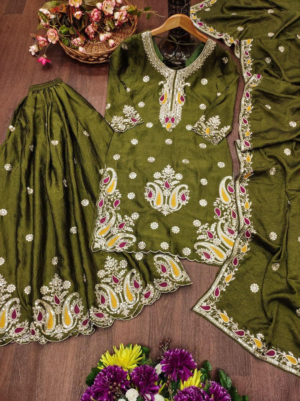 Mehendi Green Palazzo Dupatta Set for Women, 3 Piece Indian Ethnic Outfit, Elegant South Asian Festive Wear, Traditional Desi Party Ensemble - image 3