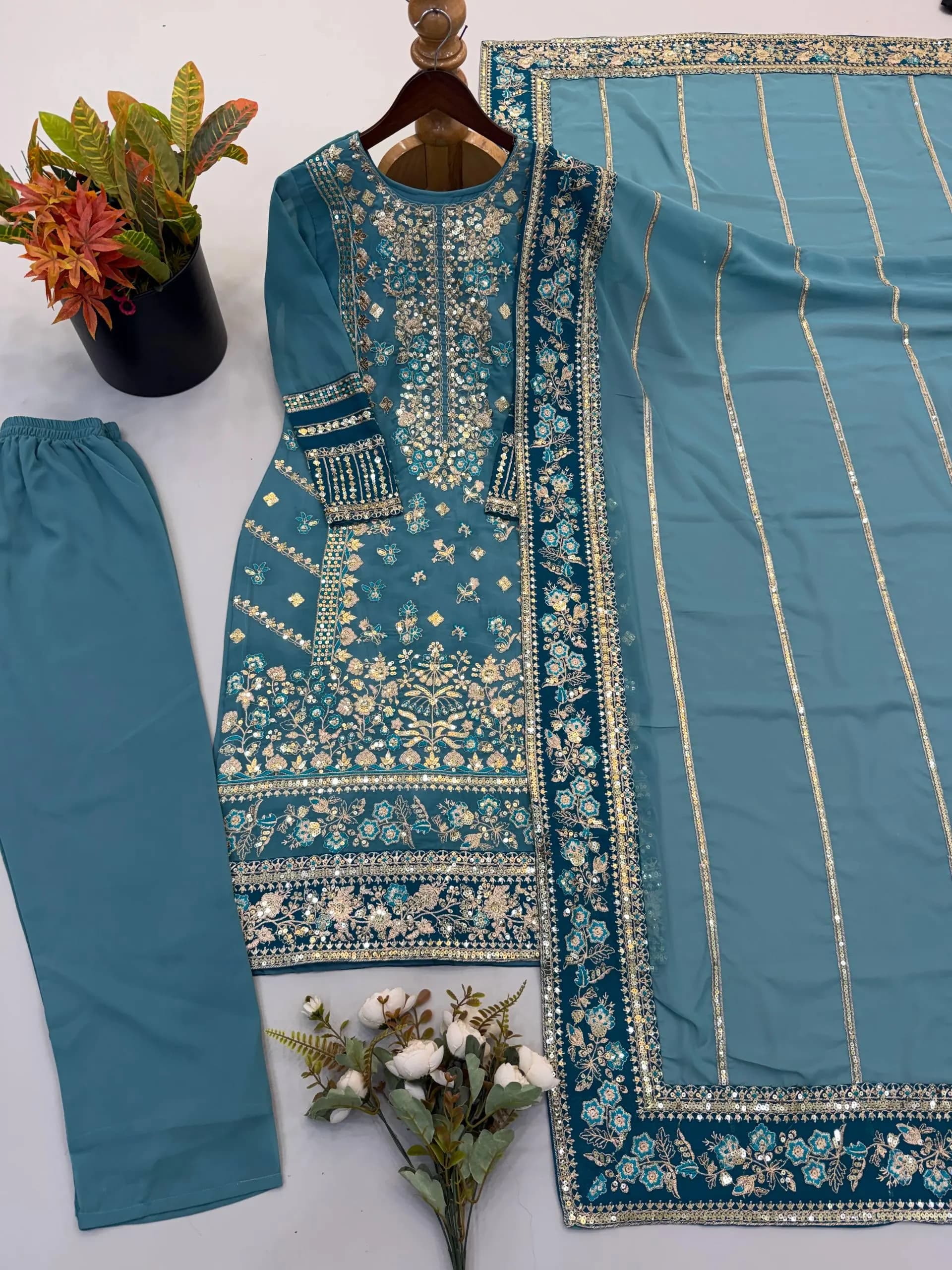 Teal Blue Embroidered Salwar Kameez with Dupatta | Gold Floral Indian Wedding Guest Suit | Traditional Festive Party Wear for Women - image 3