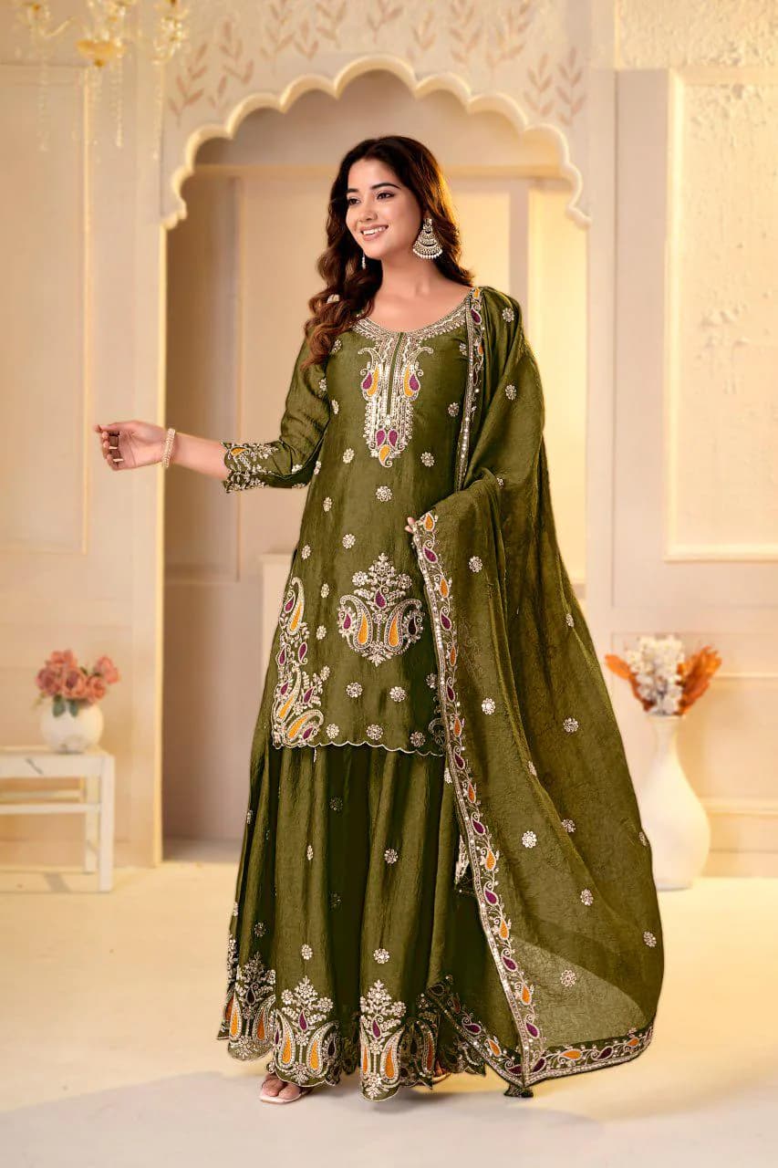 Mehendi Green Palazzo Dupatta Set for Women, 3 Piece Indian Ethnic Outfit, Elegant South Asian Festive Wear, Traditional Desi Party Ensemble