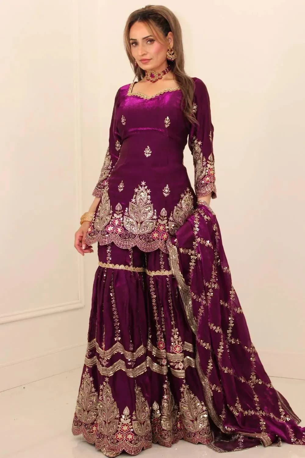 Purple Sharara Suit for Women, Designer Embroidered Kurta Sharara Set, Pakistani Salwar Kameez, Indian Wedding Wear Party Dress - image 3