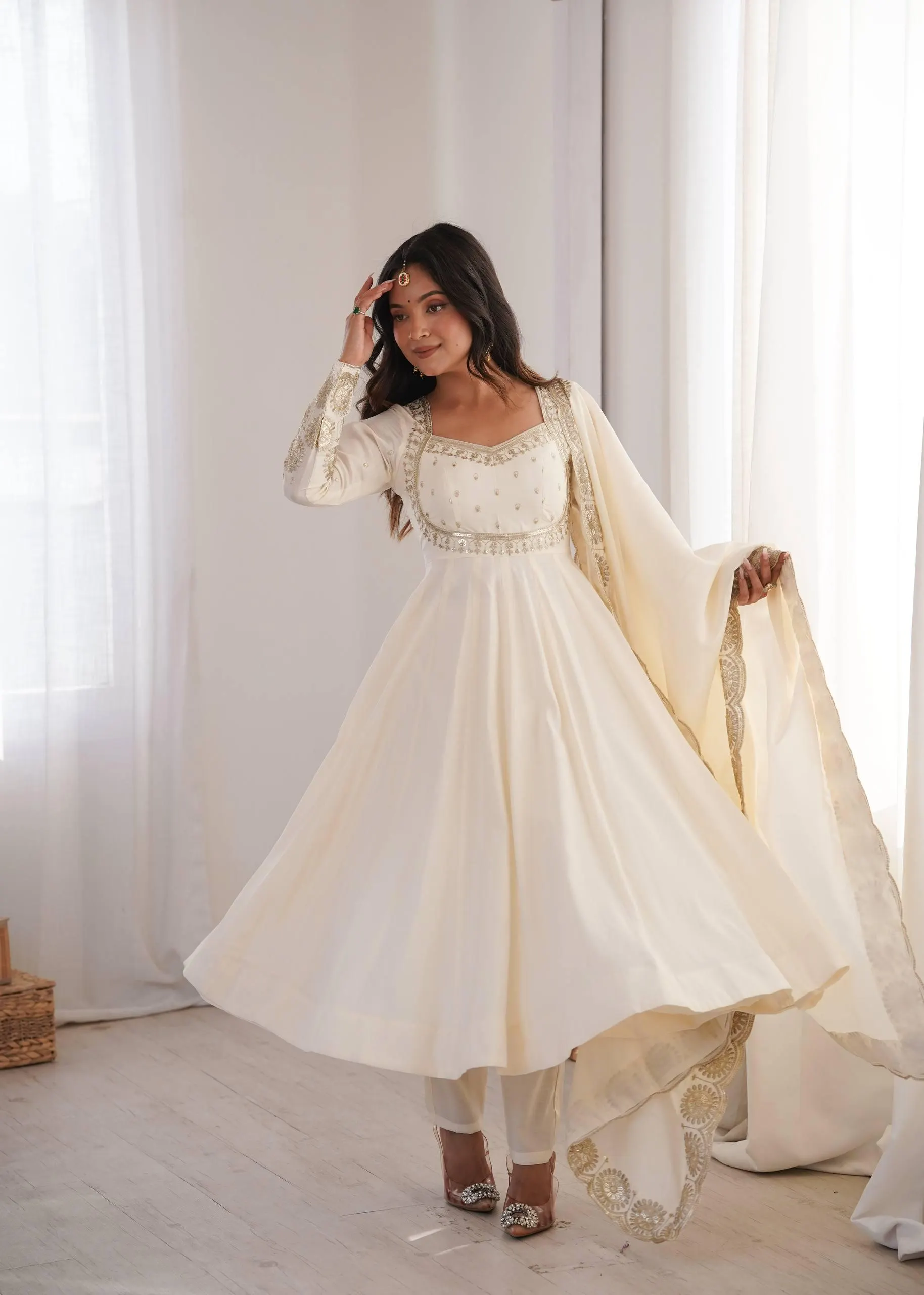 Ivory Anarkali Gown for Women, Embroidered Indian Dress with Dupatta, Wedding Guest Dress, Ethnic Party Wear, Festive Anarkali Suit - image 3