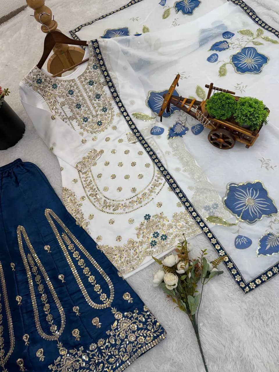 Off White and Blue Embroidered Pakistani Suit, Georgette Salwar Kameez, Indian Festive Wear, Palazzo Suit with Dupatta, Ethnic Wedding Dress - image 5