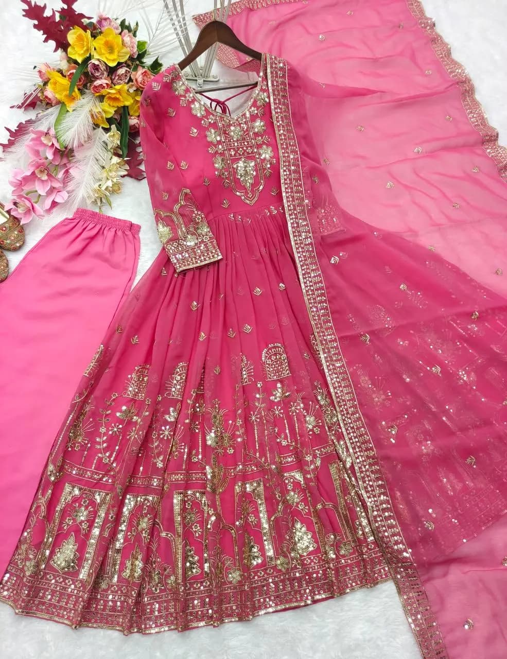 Onion Pink Georgette Anarkali Suit with Dupatta, Embroidered Indian Wedding Dress, Pakistani Party Wear Gown, Flared Salwar Kameez for Women - image 5