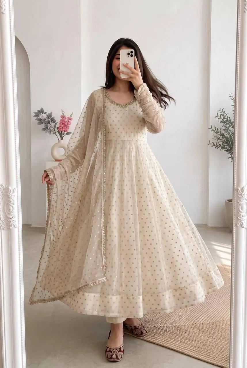 Ivory Anarkali Suit Set with Dupatta, Indian Wedding Wear, Silk Chikankari Embroidered Gown, Ethnic Pakistani Dress, Festive Salwar Kameez - image 3