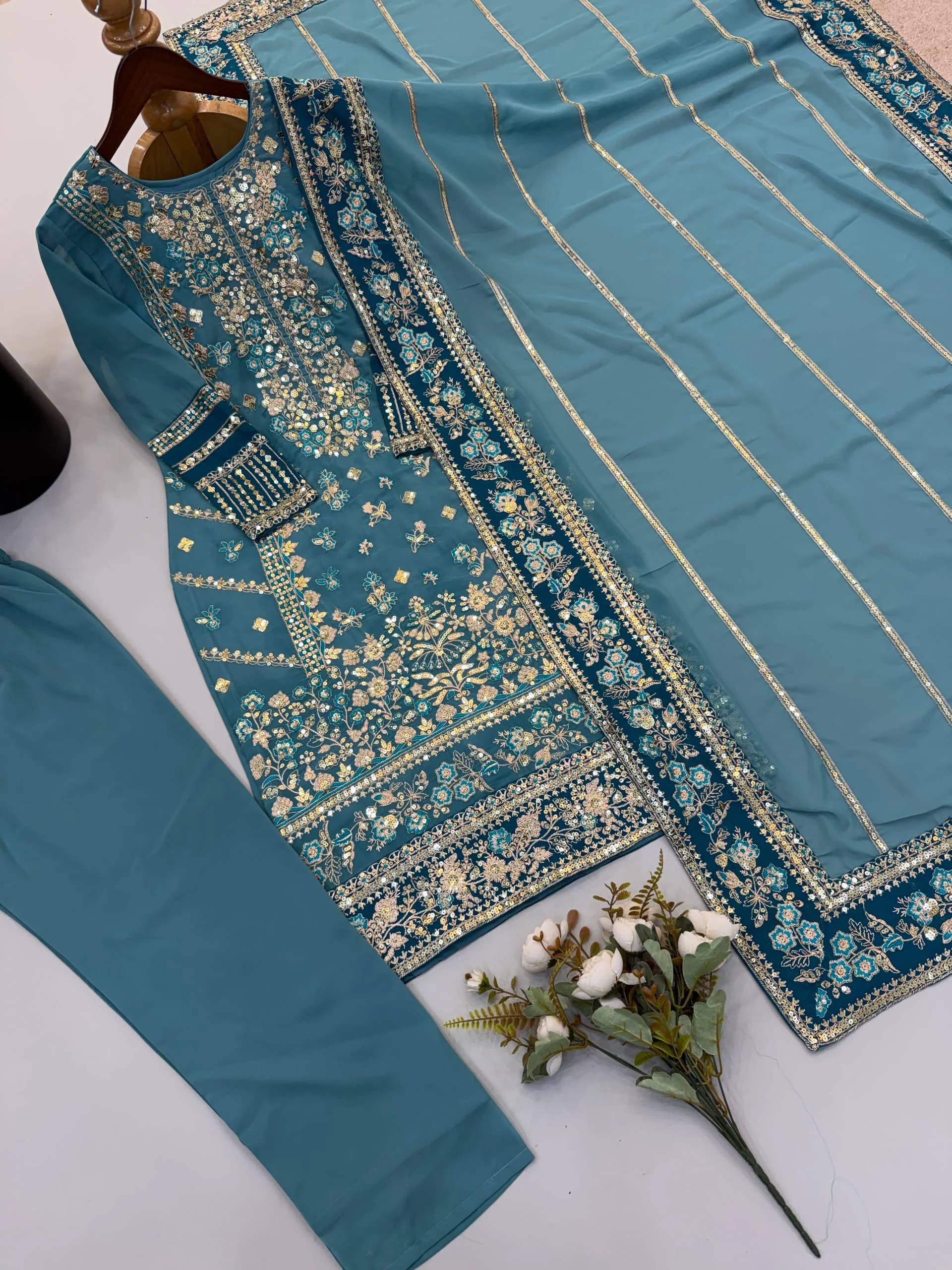 Teal Blue Embroidered Salwar Kameez with Dupatta | Gold Floral Indian Wedding Guest Suit | Traditional Festive Party Wear for Women - image 5