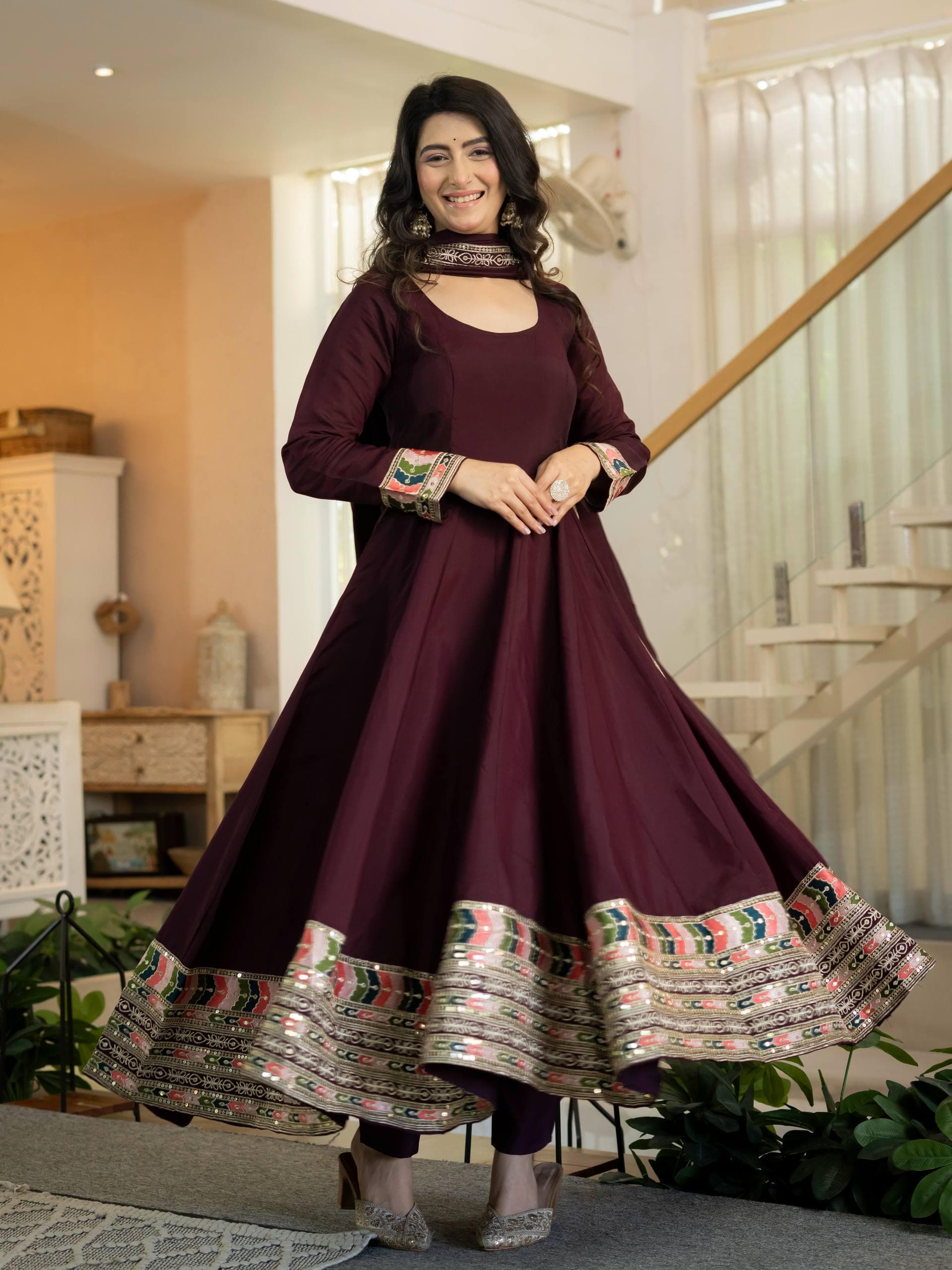 Maroon  Anarkali Dress with Dupatta, Embroidered Indian Dress, Maroon Ethnic Outfit, Long Sleeve Wedding Guest Party Wear - image 3