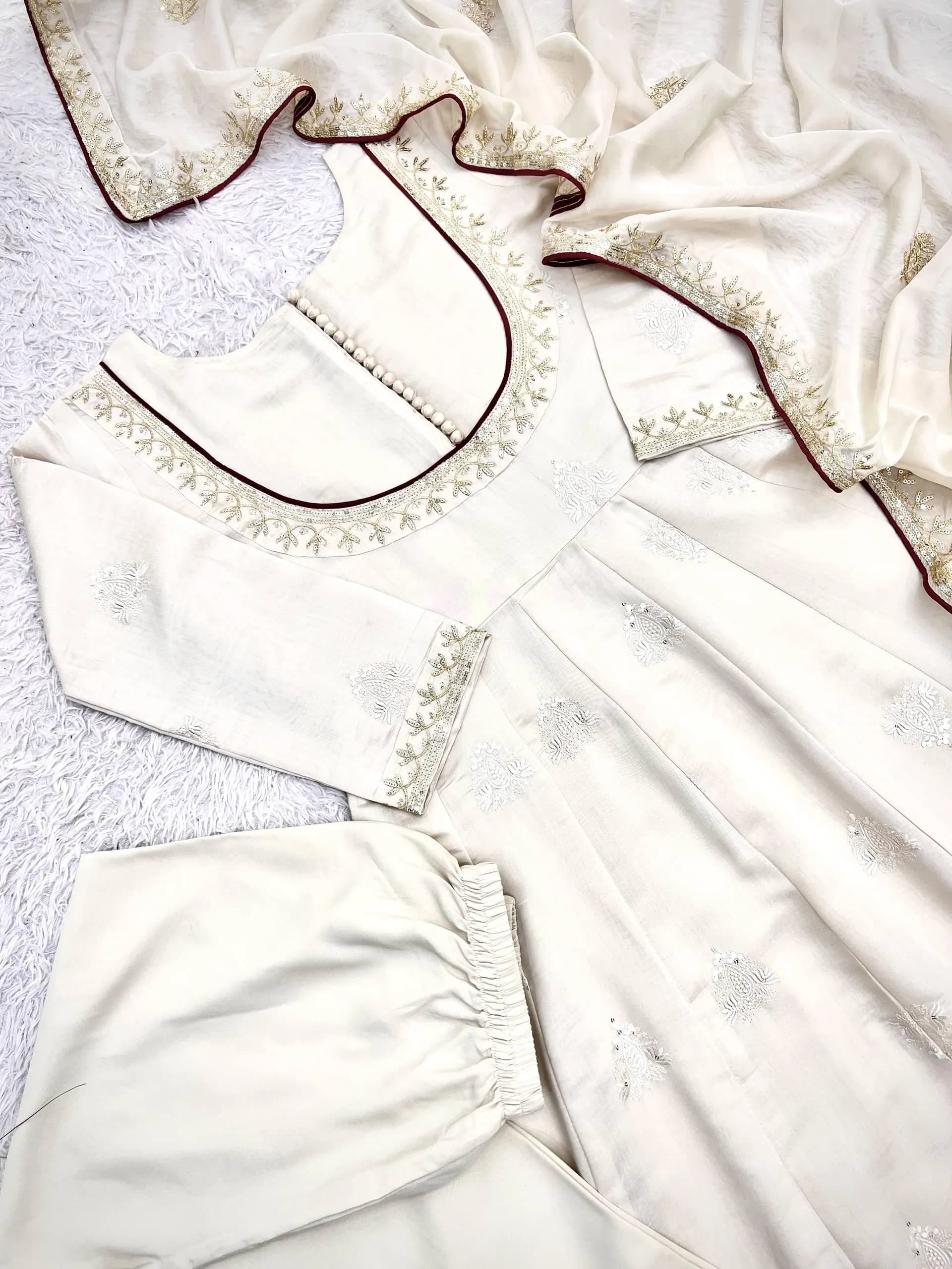 Ivory Anarkali Suit with Dupatta, Pakistani Dress, Embroidered Indian Outfit, Traditional 3 Piece Suit, Wedding Guest Ethnic Wear - image 5