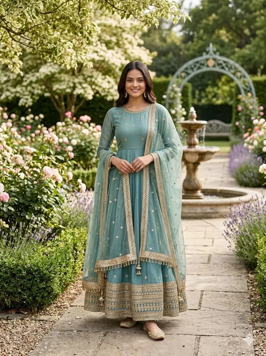 Teal Blue Anarkali Suit for Wedding Guest, Embroidered Georgette Gown, Indian Party Wear Dress, Pakistani Festive Long Frock with Dupatta