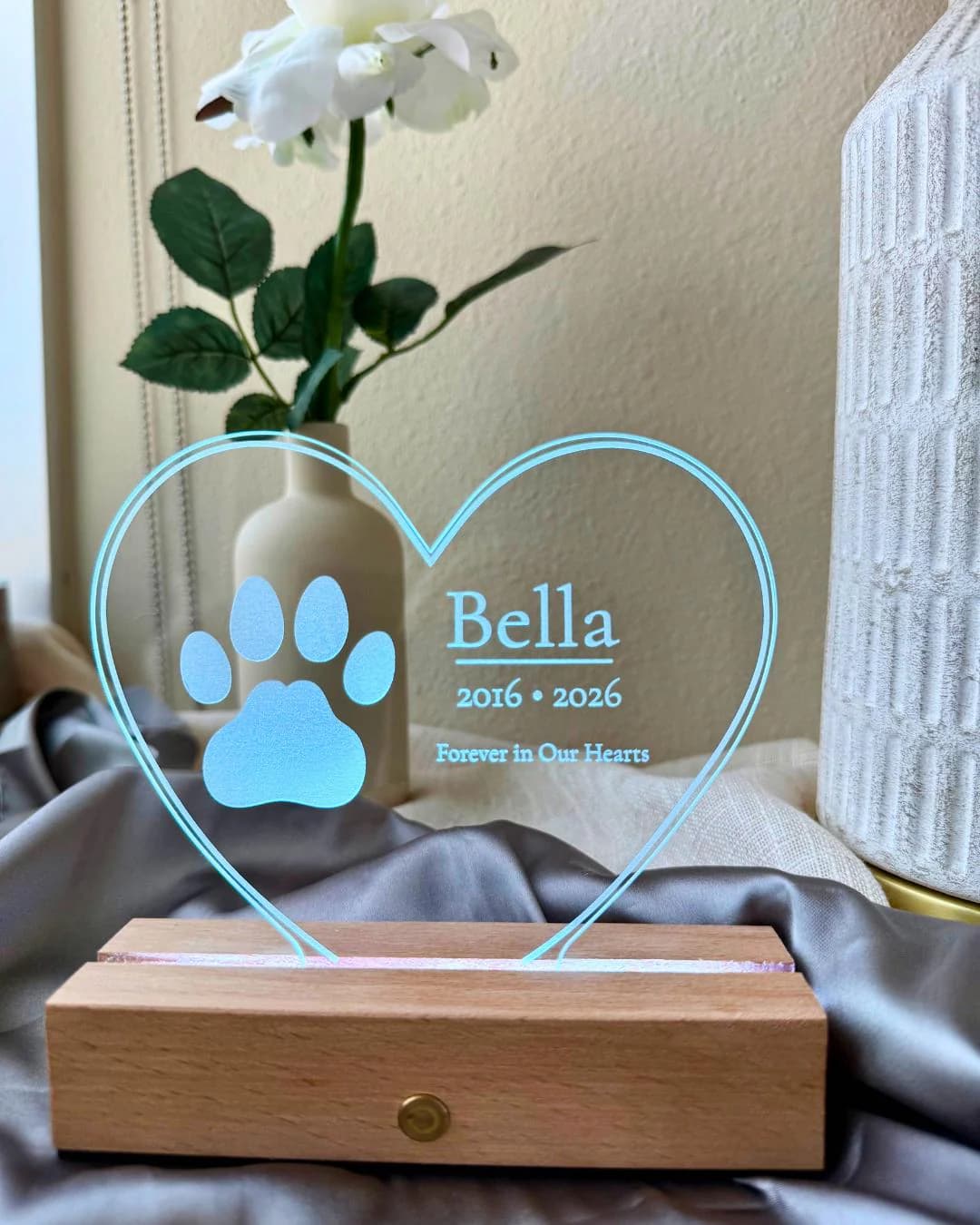 Personalized Pet Memorial Heart Light, Custom Dog Cat Keepsake, Engraved Acrylic Night Light