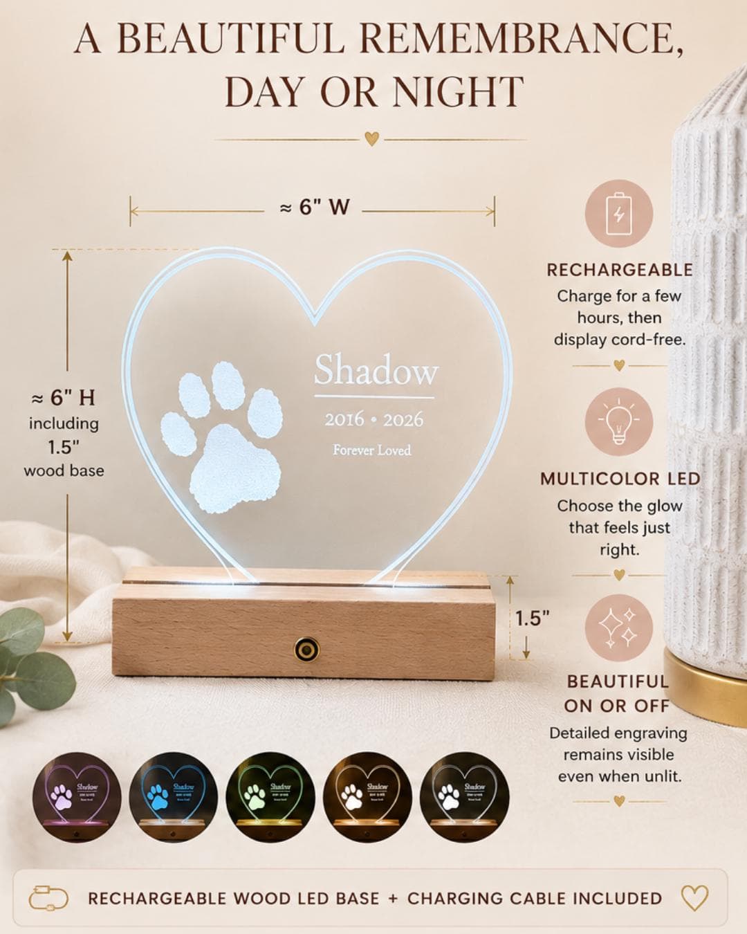 Personalized Pet Memorial Heart Light, Custom Dog Cat Keepsake, Engraved Acrylic Night Light - image 3