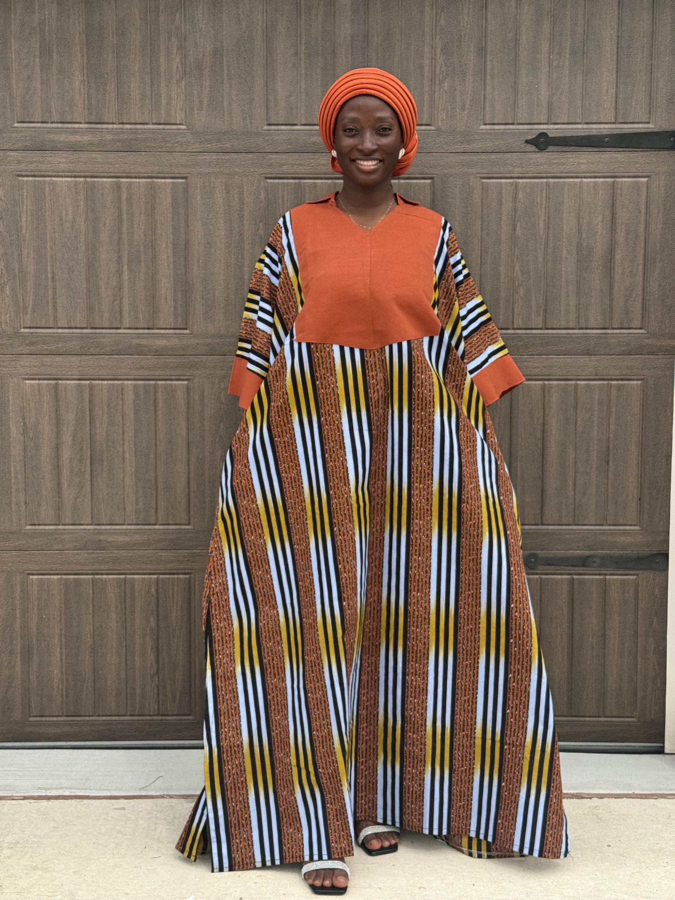 Ankara Bubu Dress with Aso Oke | Orange African Print Maxi Kaftan, Handmade Nigerian Gown