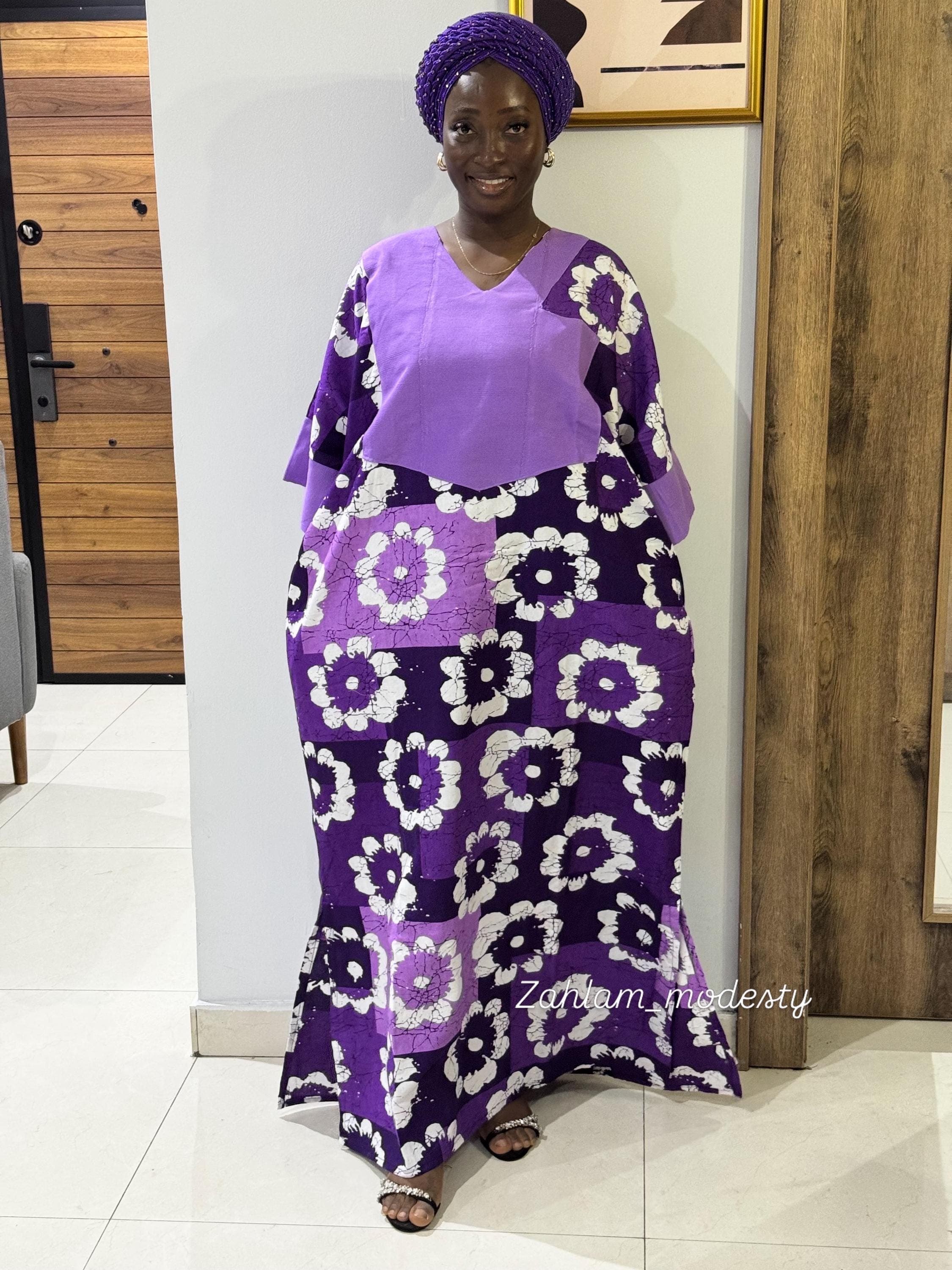 Purple Ankara Bubu Dress with Aso Oke | Authentic African Maxi Gown