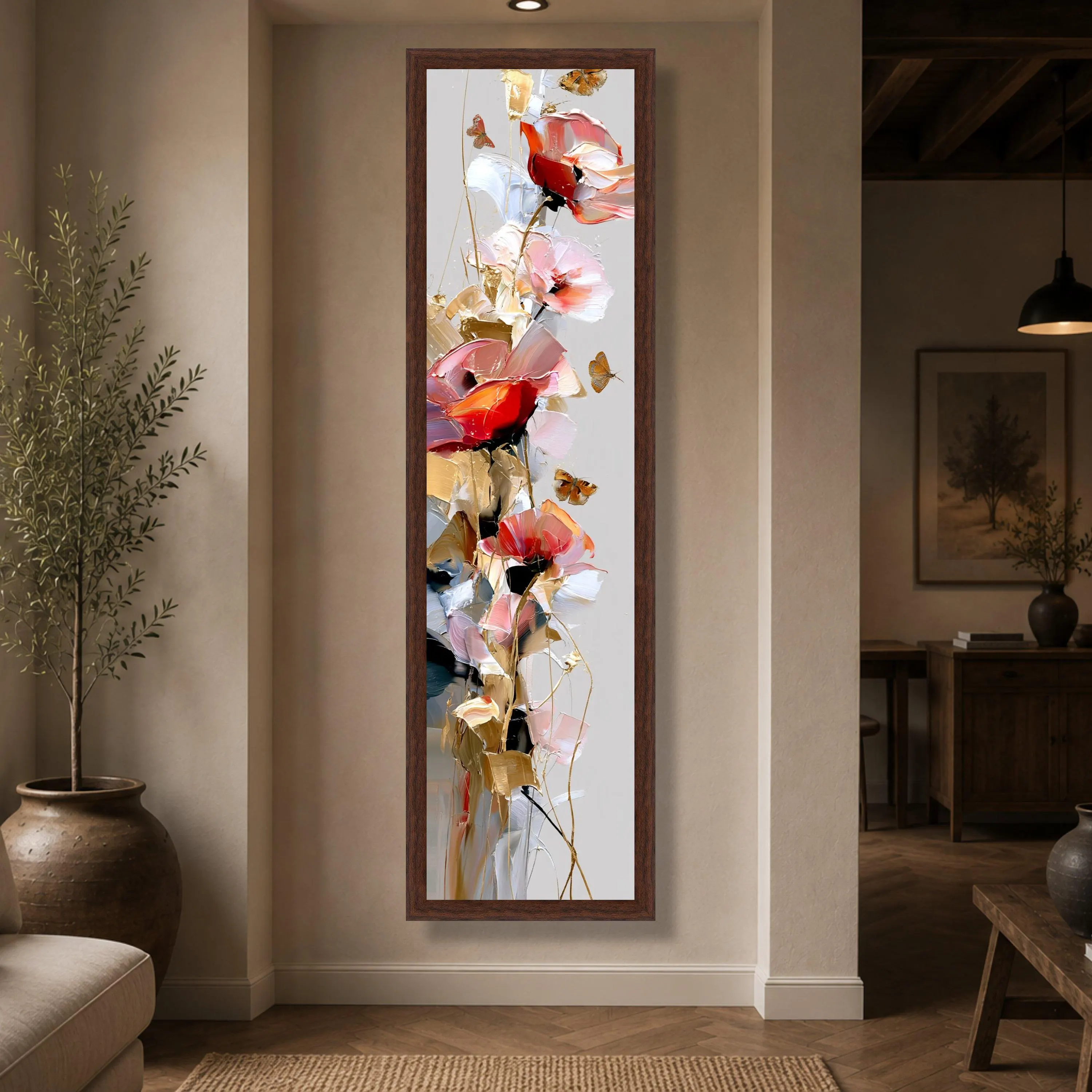 Elegant Red and Pink Floral Canvas Wall Art with Butterflies, Abstract Flower Vertical Home Decor, Modern Botanical Canvas, Ready to Hang - image 4