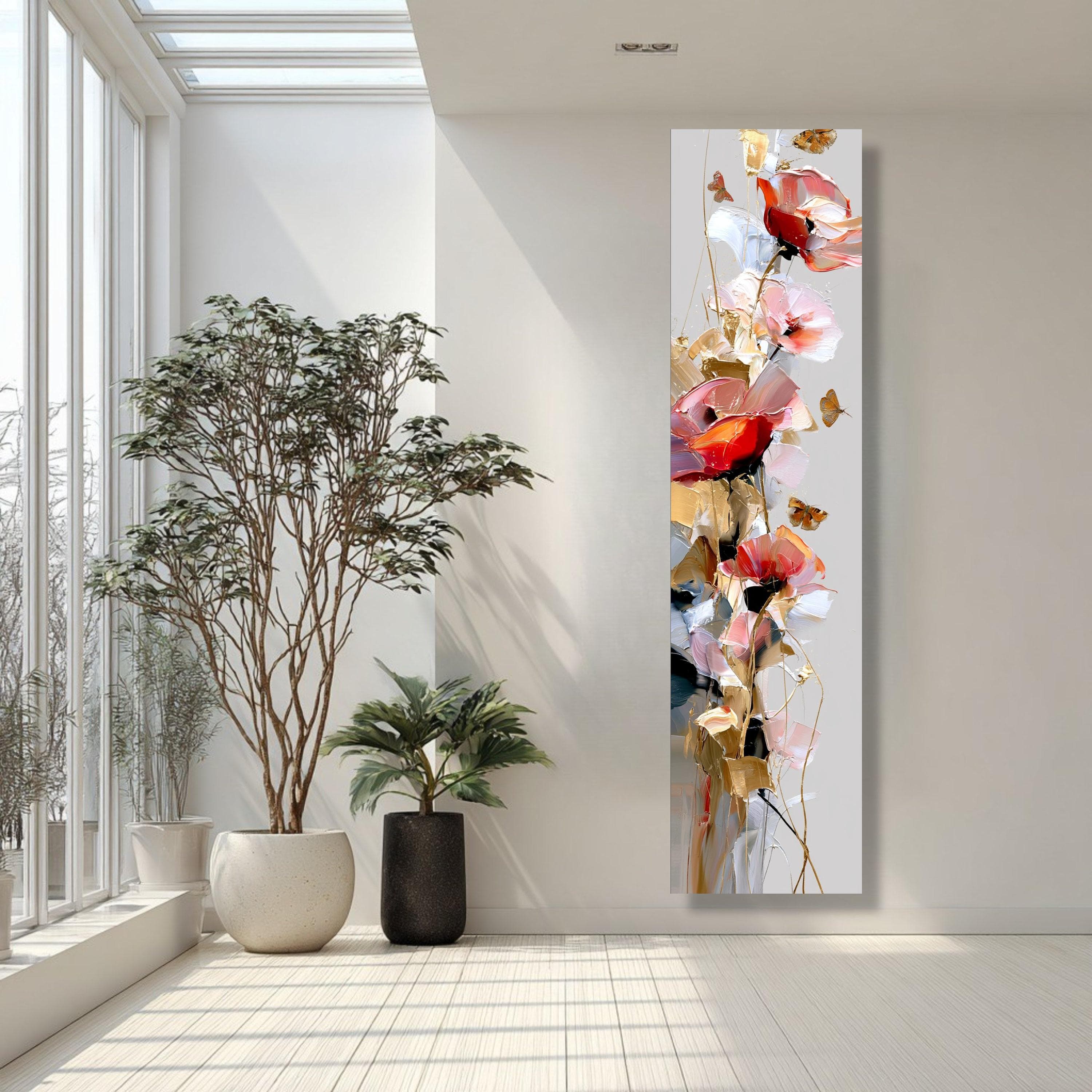 Elegant Red and Pink Floral Canvas Wall Art with Butterflies, Abstract Flower Vertical Home Decor, Modern Botanical Canvas, Ready to Hang - image 5
