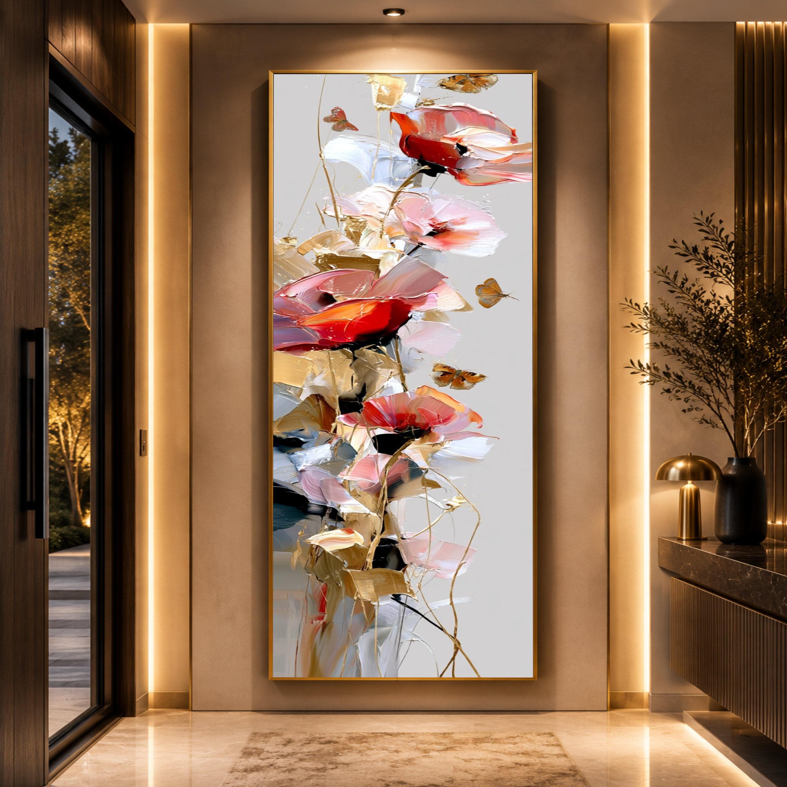 Elegant Red and Pink Floral Canvas Wall Art with Butterflies, Abstract Flower Vertical Home Decor, Modern Botanical Canvas, Ready to Hang - image 3