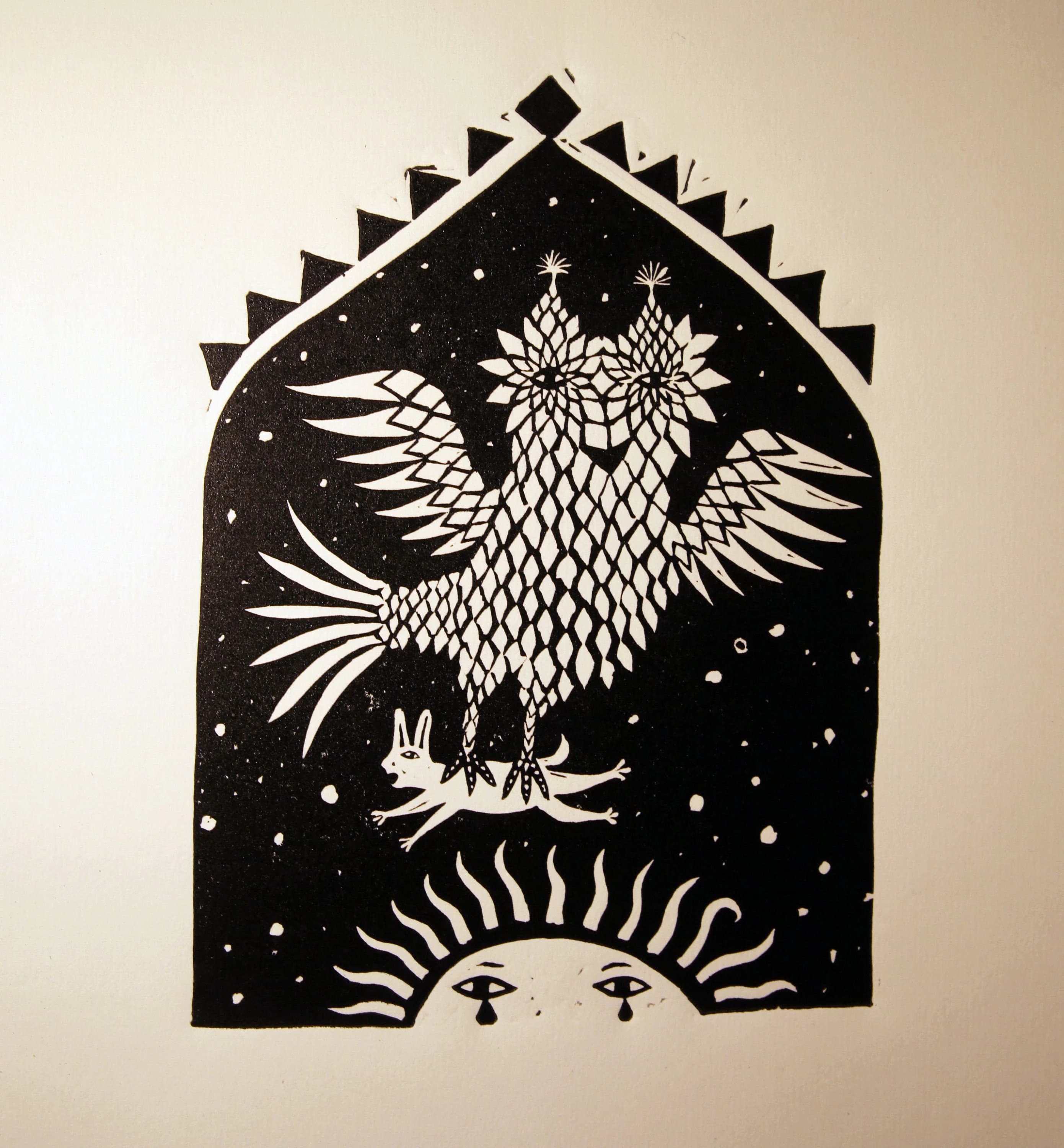 Owl Linocut Print, Owl Hare and Sun Lino Print, Rabbit Memorial