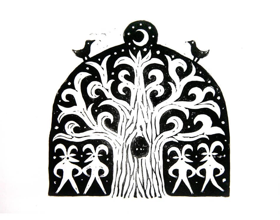 Linocut Print, Oaktree, Folk Art, Lino Block Print, Miniature, Solstice, Goat linocut