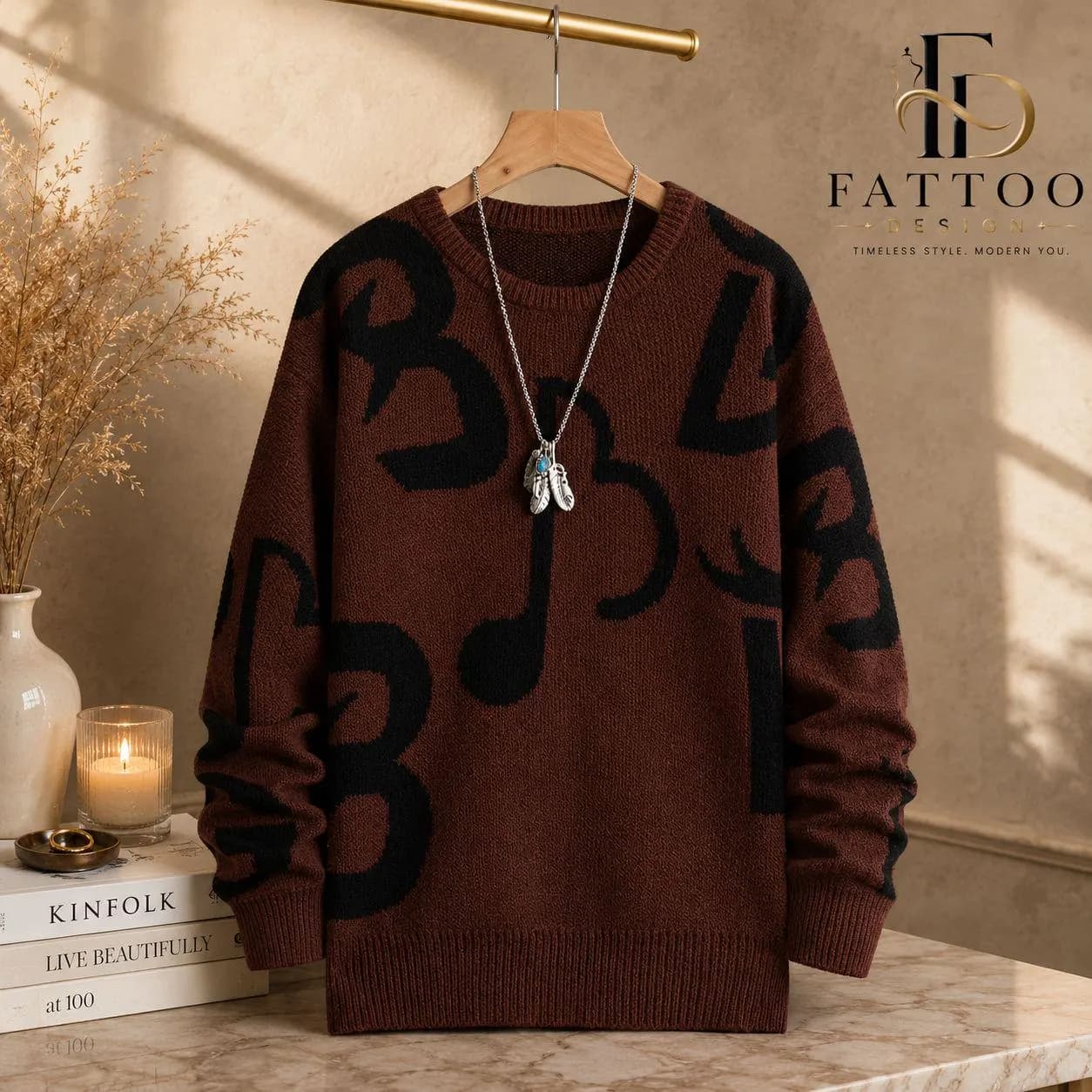 Women's Graphic Print Knit Sweater, Abstract Pattern, Crew Neck, Long Sleeve, Polyester Casual Winter Top - image 3