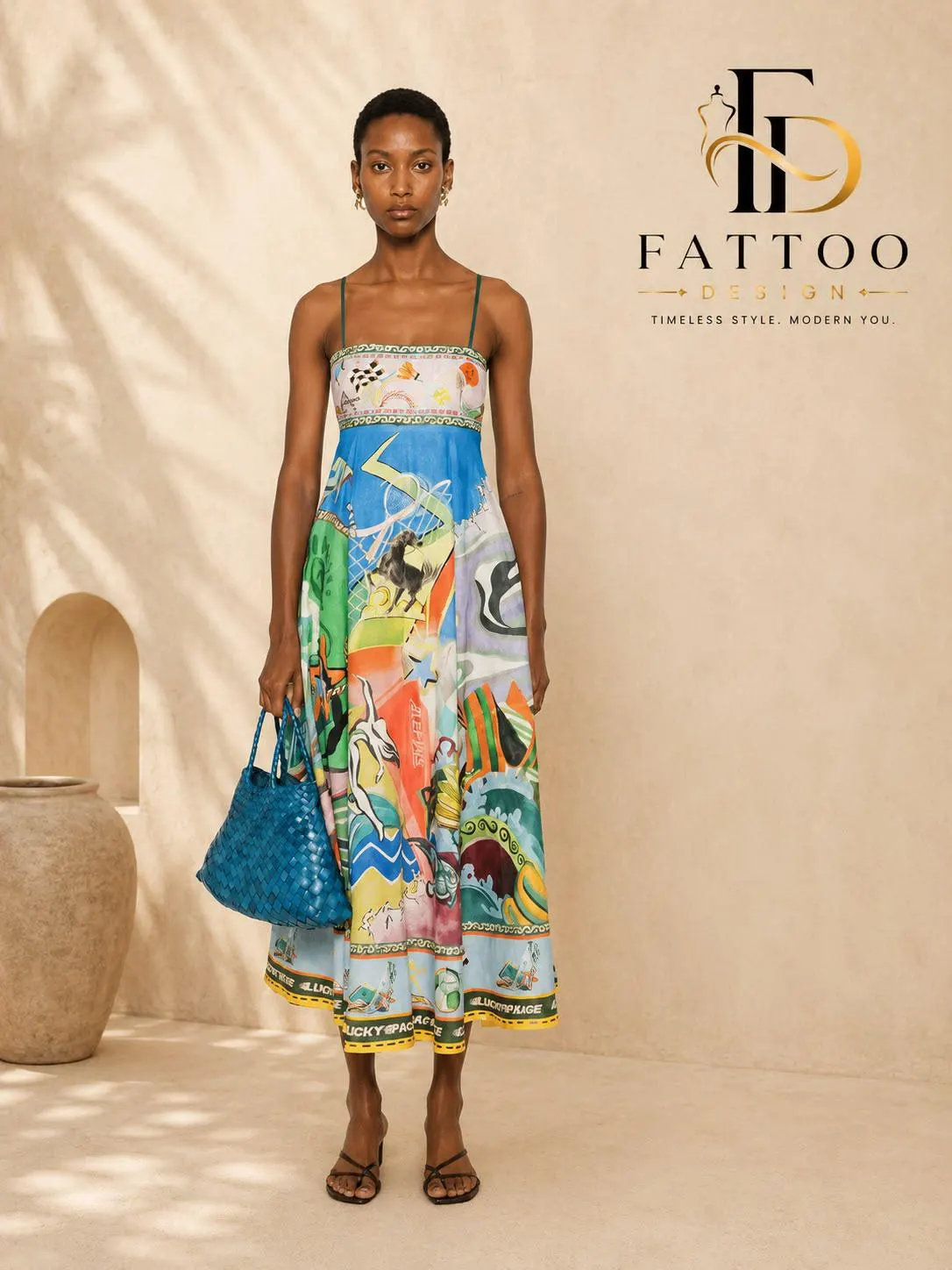 Printed Midi Dress, Spaghetti Strap, Square Neck, Cotton Blend, Resort Wear - image 3