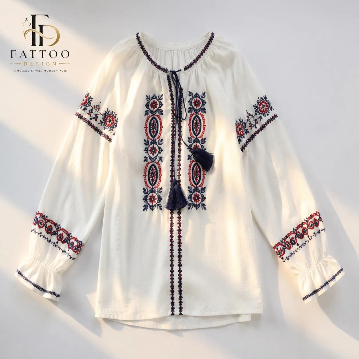 Embroidered Cotton Linen Blouse, Boho Lantern Sleeve Tie Neck Tunic Top - image 5