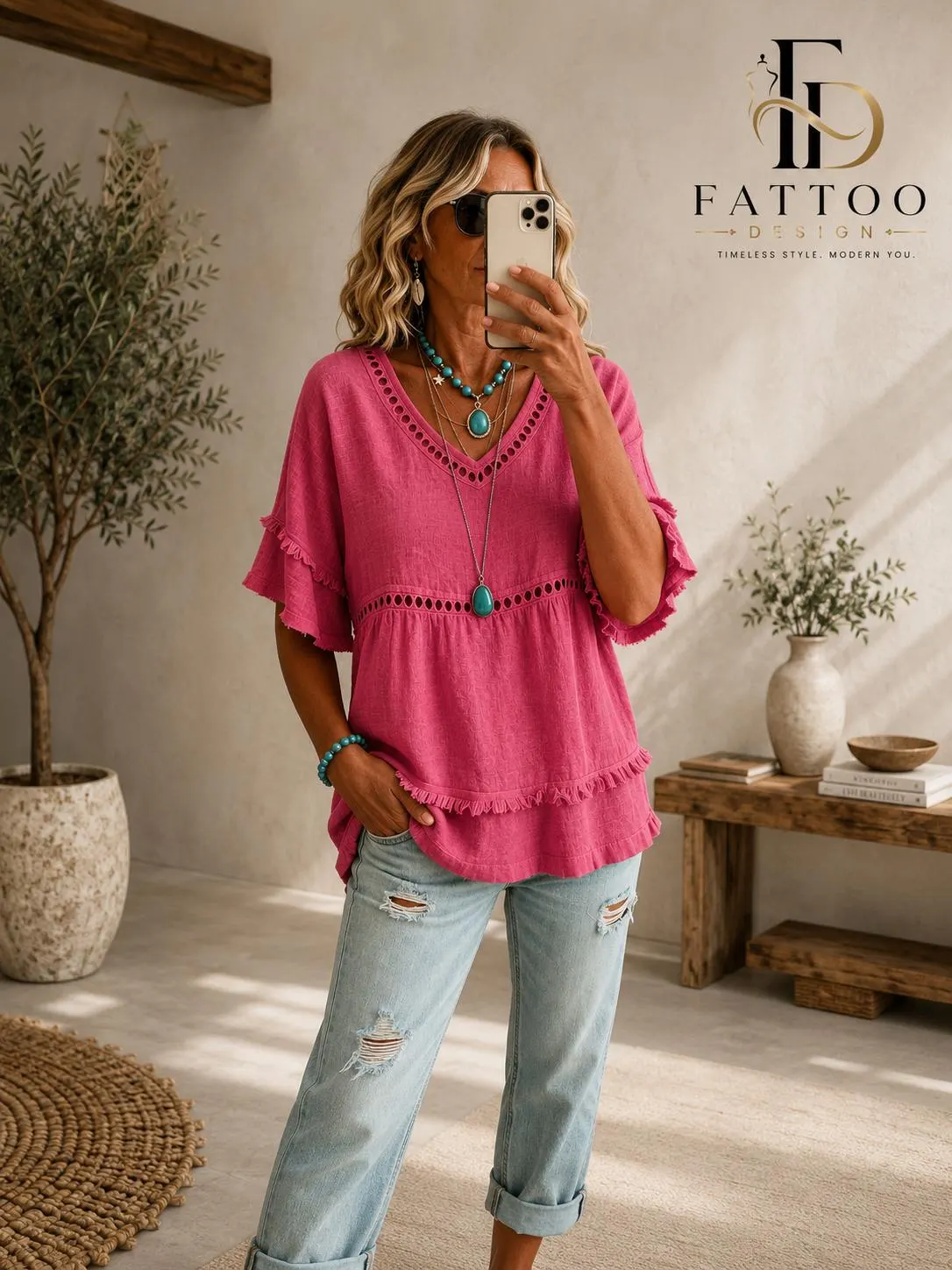 Boho Eyelet Lace Tunic Blouse, Fringe Trim Summer Shirt, Relaxed Babydoll Top