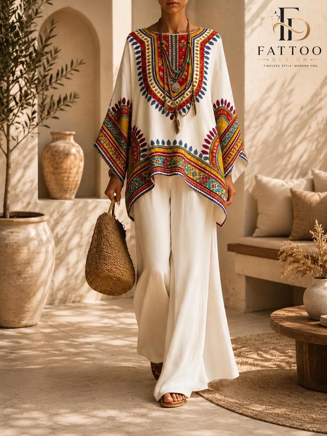 Boho Floral Print Kaftan Palazzo Set, Modest Two-Piece Resort Wear Outfit - image 4