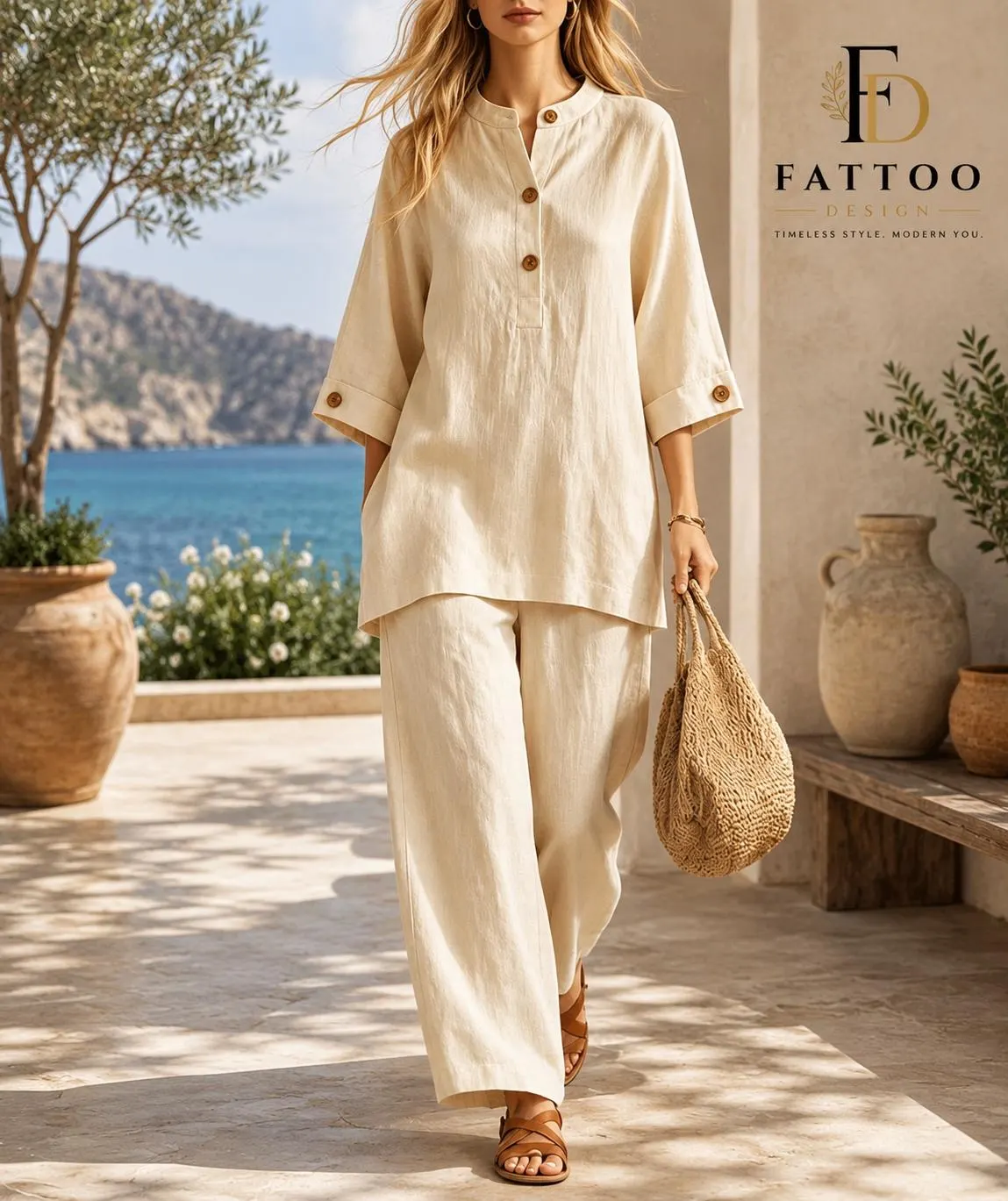 Women's Polyester Summer 2-Piece Pants Set, Button Front Top, Wide Leg Vacation Outfit - image 3