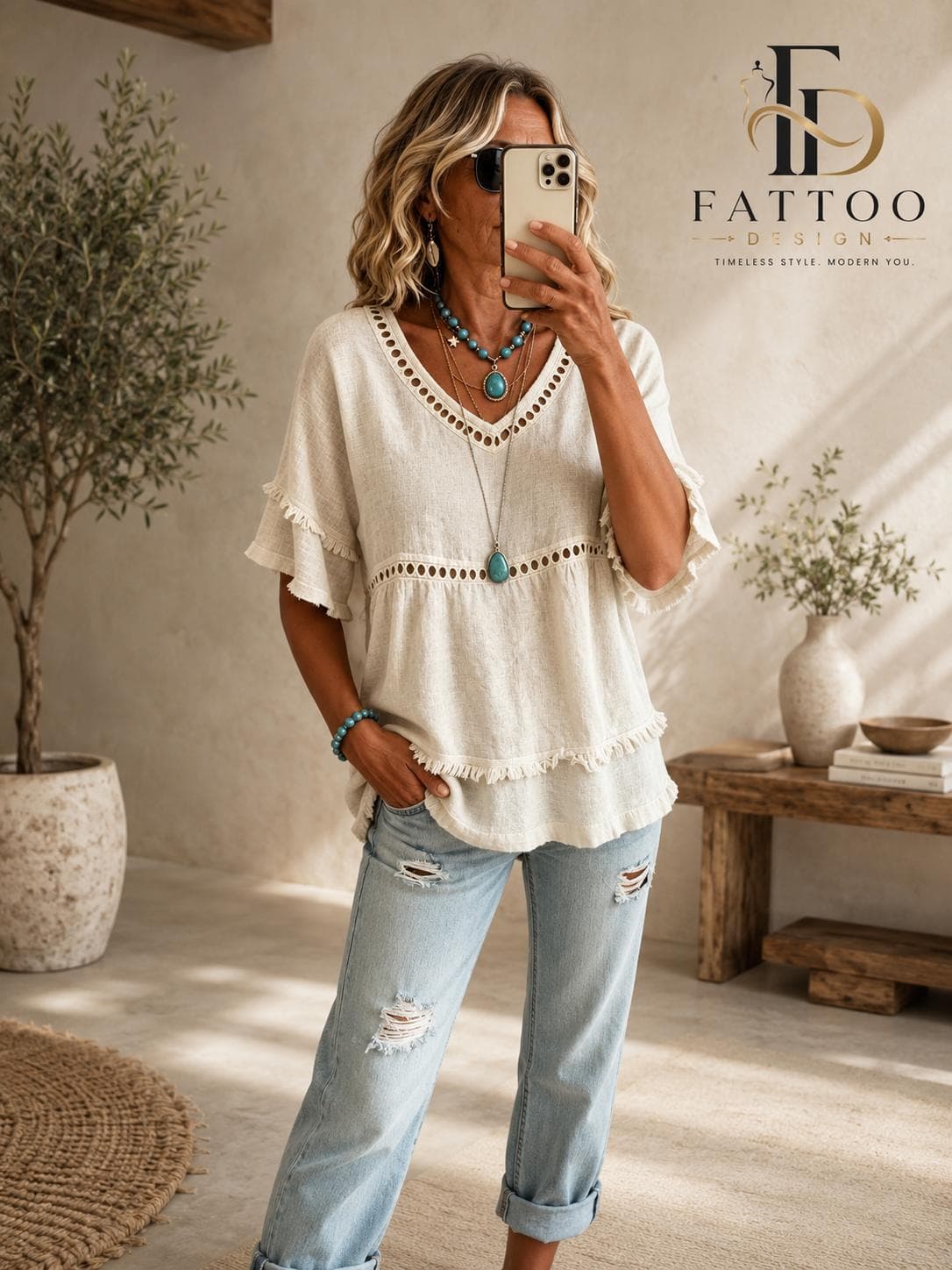 Boho Eyelet Lace Tunic Blouse, Fringe Trim Summer Shirt, Relaxed Babydoll Top - image 3