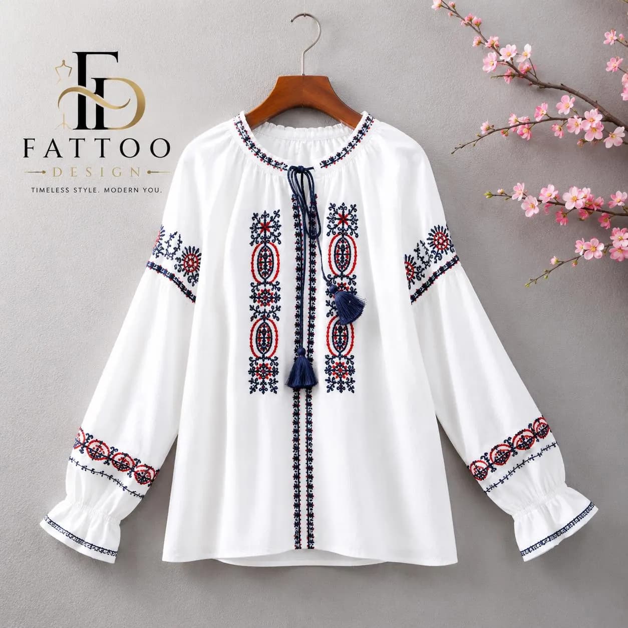 Embroidered Cotton Linen Blouse, Boho Lantern Sleeve Tie Neck Tunic Top